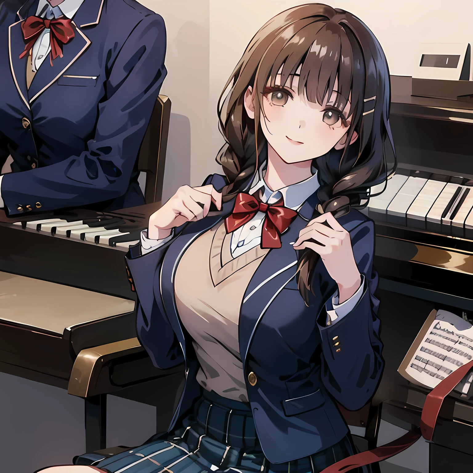 bow tie)), (((beautiful twin braids hair))), ((((dark blue & deep navy colored tartan checkered formal skirt)))), ((A formal dark blue blazer that is slightly larger and has a gold emblem on the left chest that feels like the texture of the cloth.)), Watching the viewer and laughing, Very fun, Very happy, mouth is open, the skirt is so cute, detailed fingers, modest chest, curled bangs, ((Lip balm)), so beautiful, long eyelashes, ((Skirt and bow tie is photo realistic)), ((The background is a music room with a piano.)), Appeal to viewers, big long girly hair ribbons, Impressive and very beautiful eyes, Photographed from the front, double eyelids, The entire skirt is photographed