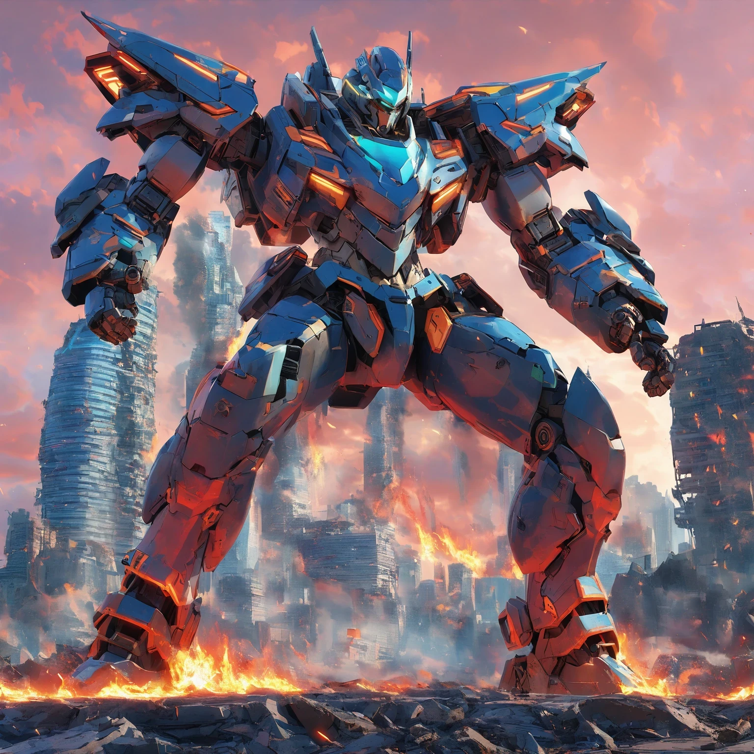 diy6,In a future city on the Pacific coast, towering skyscrapers and neon lights complement each other. The mecha warrior stands in the center of the city, with an overall style reminiscent of the setting in the Pacific Rim movie, blending cyberpunk aesthetics and massive proportions. The entire body is covered with advanced weapons and armor, adorned with neon colors. This mechanical giant is the hope of the future and the guardian of human invasion of extraterrestrial space. It emits industrial miracles and sci-fi landscapes, as if it is a technological terror in a cross dimensional war. Standing on the ruins of the apocalypse, gazing at the deep red sky, its eyes sparkle with fiery light, emitting deafening roars, displaying unstoppable power and lava like anger.