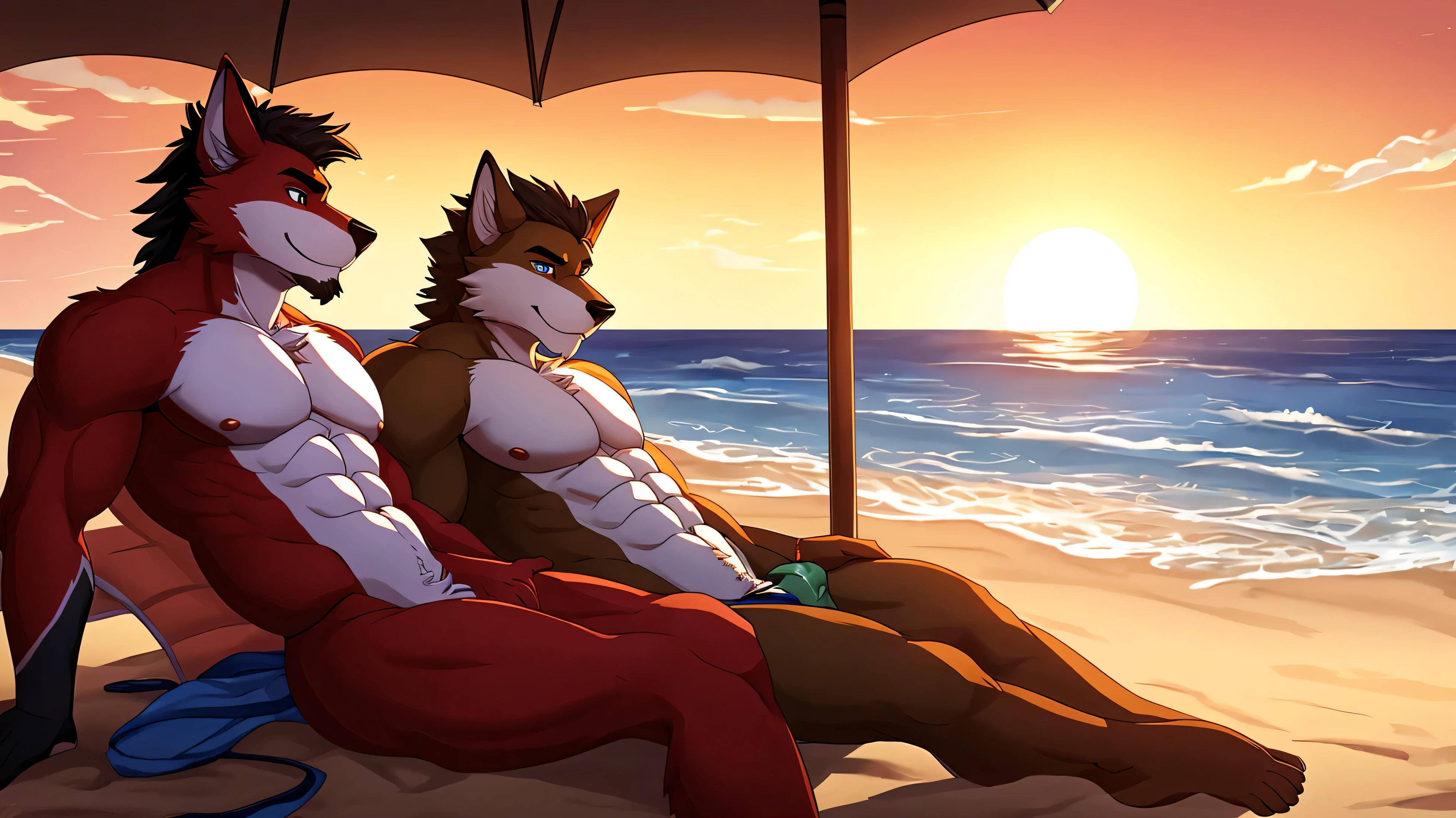 pareja de zorros masculinos besandose en la playa, pelaje hermoso, cuerpo sexy, sin camisa, atractivo, rostros hermoso, rostro atractivo, en la playa, puesta de sol, mar de fondo