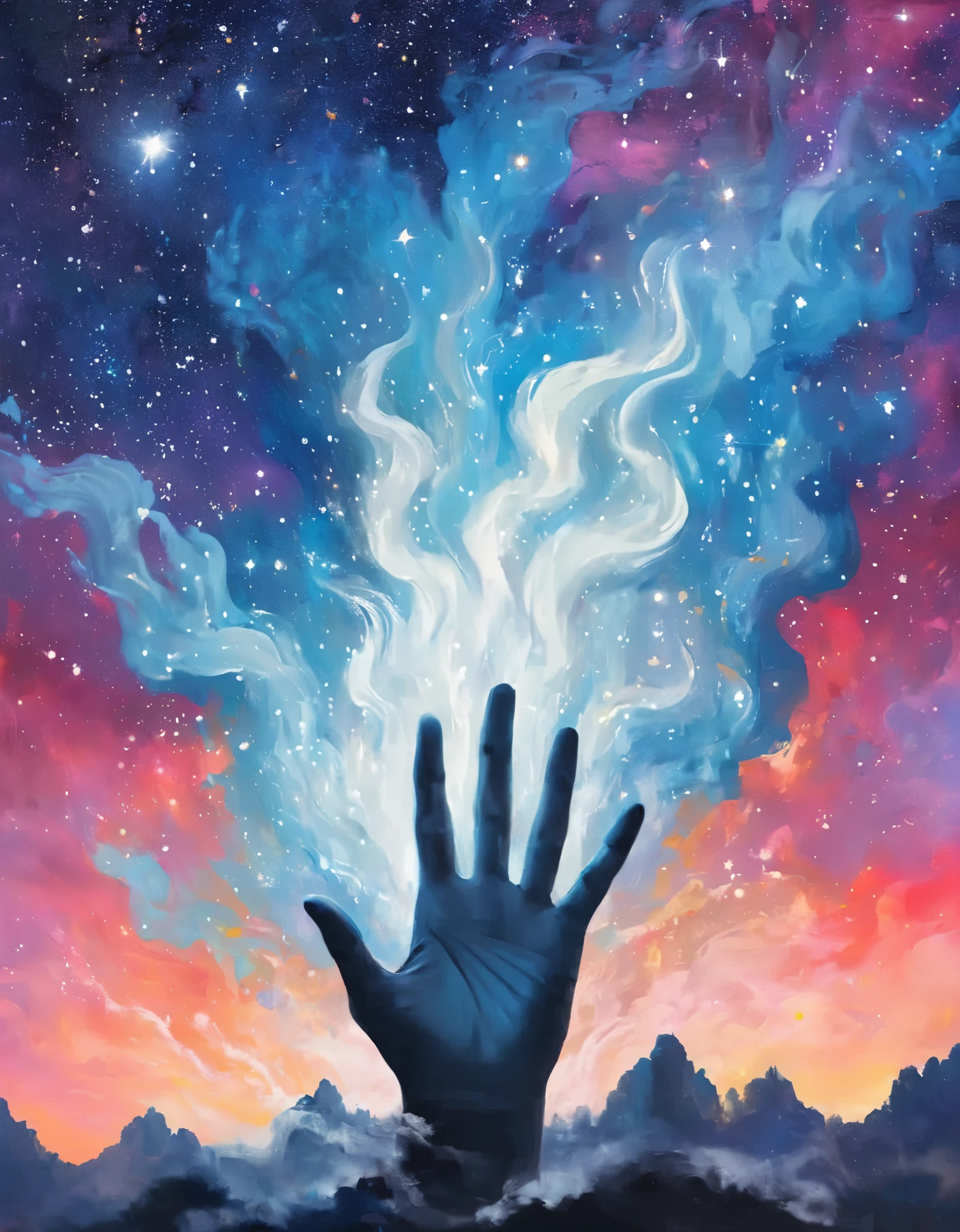 Wise and soulful giant hand, minimalist koans in the background, changing from front and center to ghostly smoke, transition from solid to ghostly, starry sky and clouds in the background, wise and powerful yet calm cosmic feeling, glowing eyes, richly detailed, psychedelic style, dreamy style, cinematic style, theatrical style, painting style, 