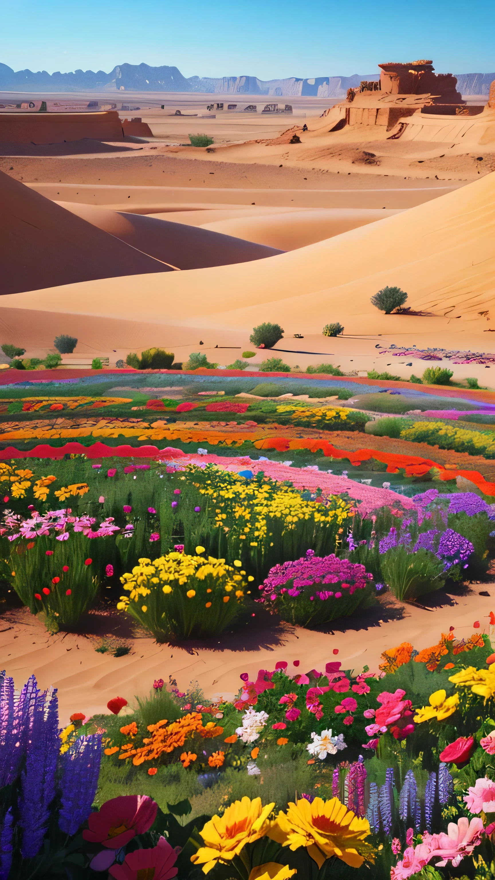 colorful flower garden in the middle of the desert, 8k, high quality
