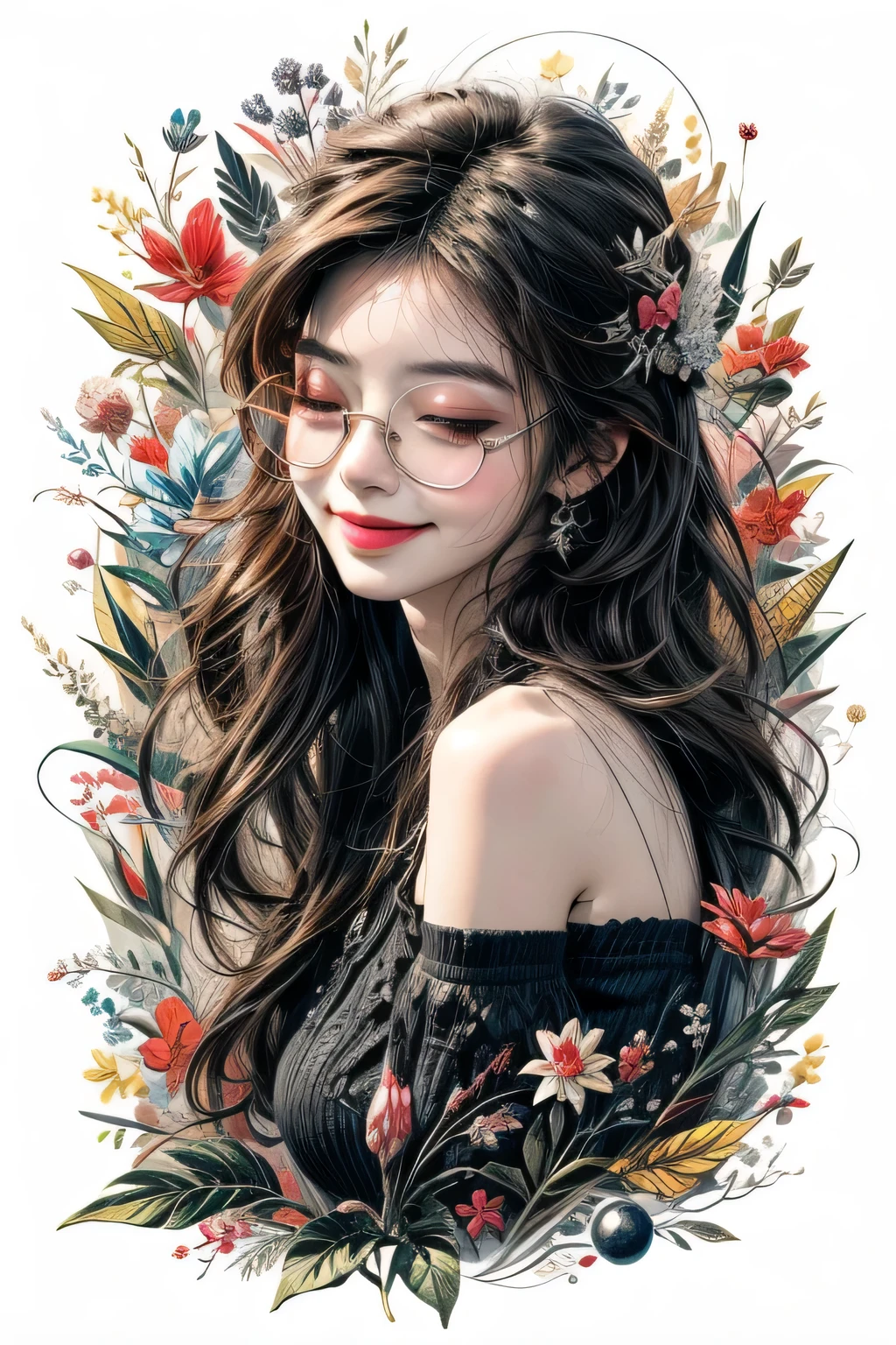 anime style, super fine illustration, highly detailed, dynamic angle, beautiful detailed, 8k,BREAK a girl with glasses smiles ,She closes her eyes in contentment.