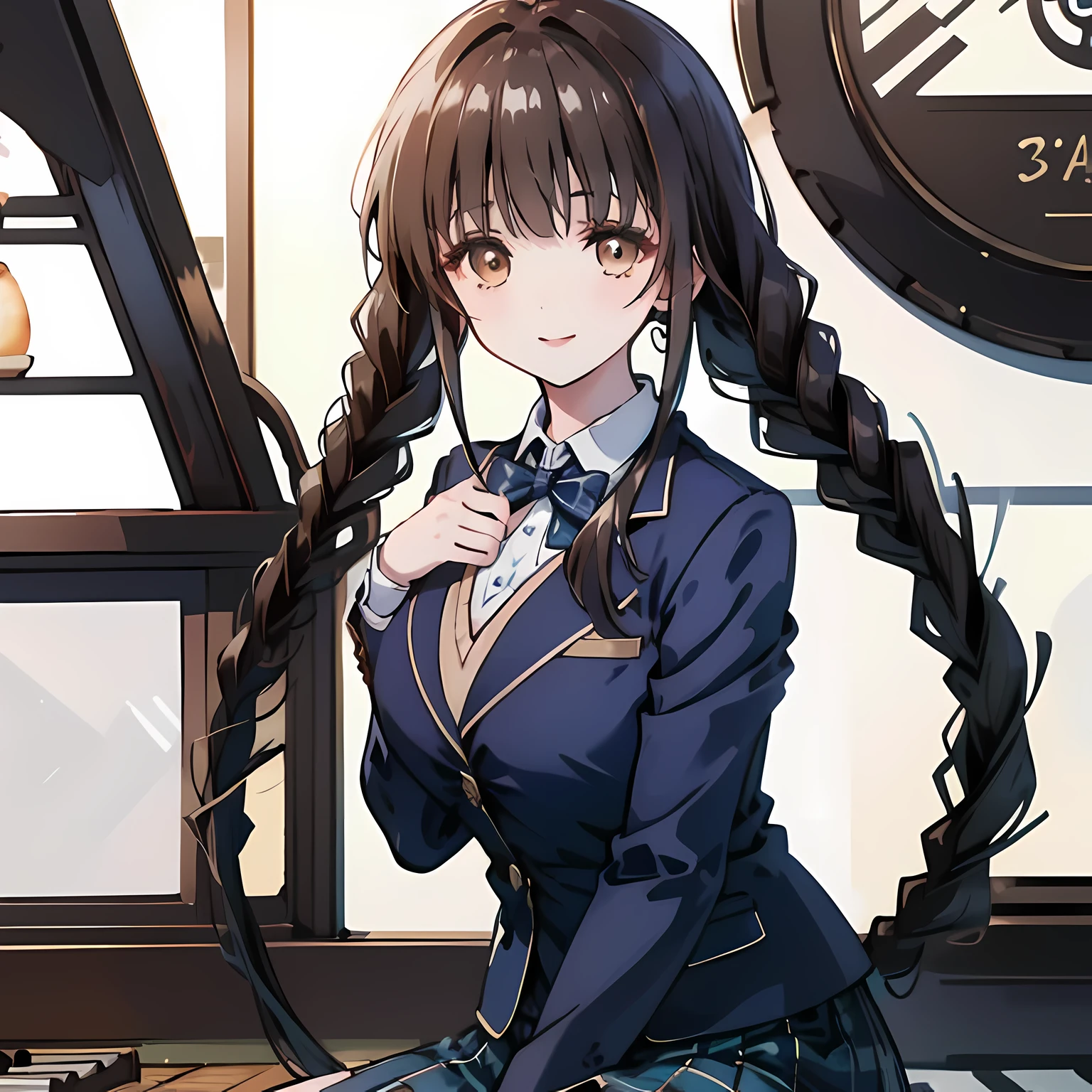 bow tie)), (((beautiful twin braids hair))), ((((dark blue & deep navy colored tartan checkered formal skirt)))), ((A formal dark blue blazer that is slightly larger and has a gold emblem on the left chest that feels like the texture of the cloth.)), Watching the viewer and laughing, Very fun, Very happy, mouth is open, the skirt is so cute, detailed fingers, modest chest, curled bangs, ((Lip balm)), so beautiful, long eyelashes, ((Skirt and bow tie is photo realistic)), ((The background is a music room with a piano.)), Appeal to viewers, big long girly hair ribbons, Impressive and very beautiful eyes, Photographed from the front, double eyelids, The entire skirt is photographed