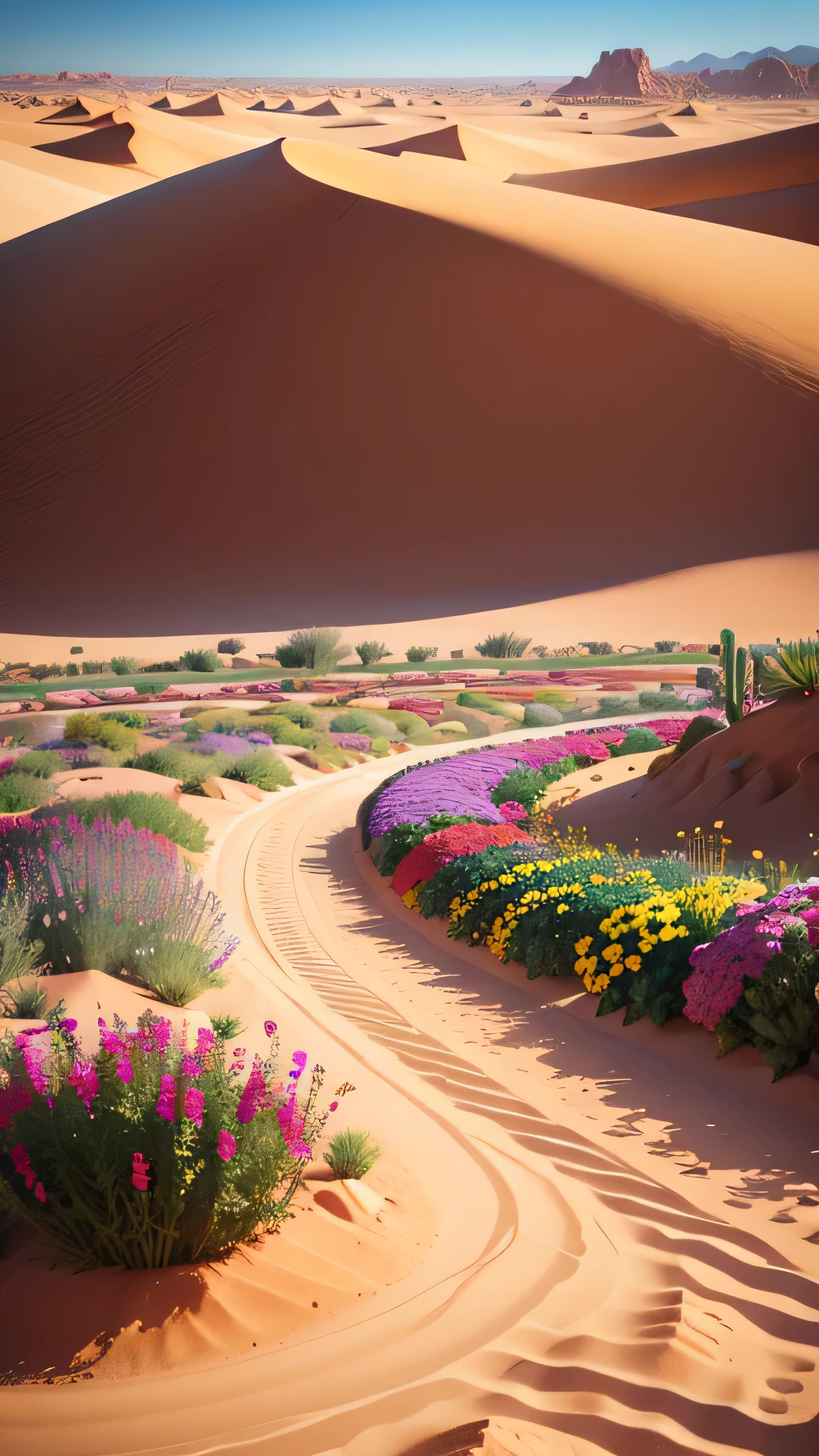 colorful flower garden in the middle of the desert, 8k, high quality