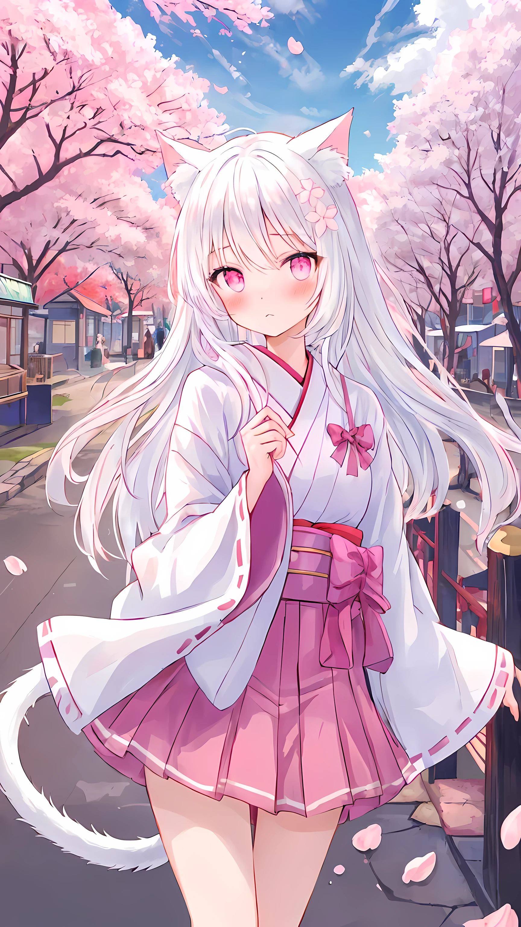 (masterpiece), best quality, expressive eyes, perfect face, details, solo, cat girl, white cat tail, white cat ears, long hair, white hair, pink eyes, cute clothes, cute skirt, cherry blossom trees, japan, city, cloudy, blush
