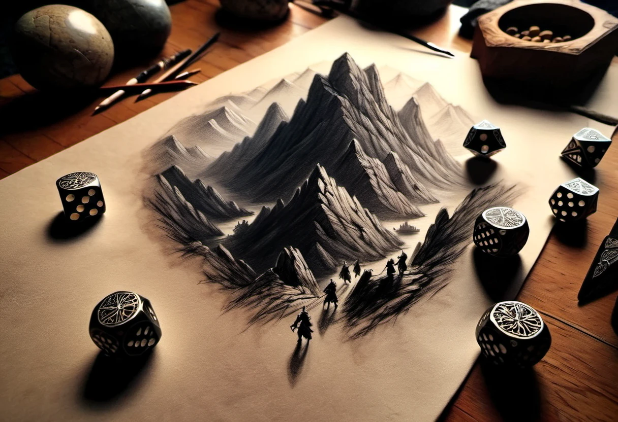 Macro photo of octahedral dice resting amidst a rough charcoal sketch, atop an artist's table, scene captured with a view from above, capturing a medieval hero's journey with adventurers advancing toward a mountain fortress, distant dragons looming, high-detailed landscape, Miki Asai-inspired macro photography, Gerald Brom and Benedick Bana style of hyperrealism, trending ArtStation visuals, sharp focus, intricate details. highly detailed