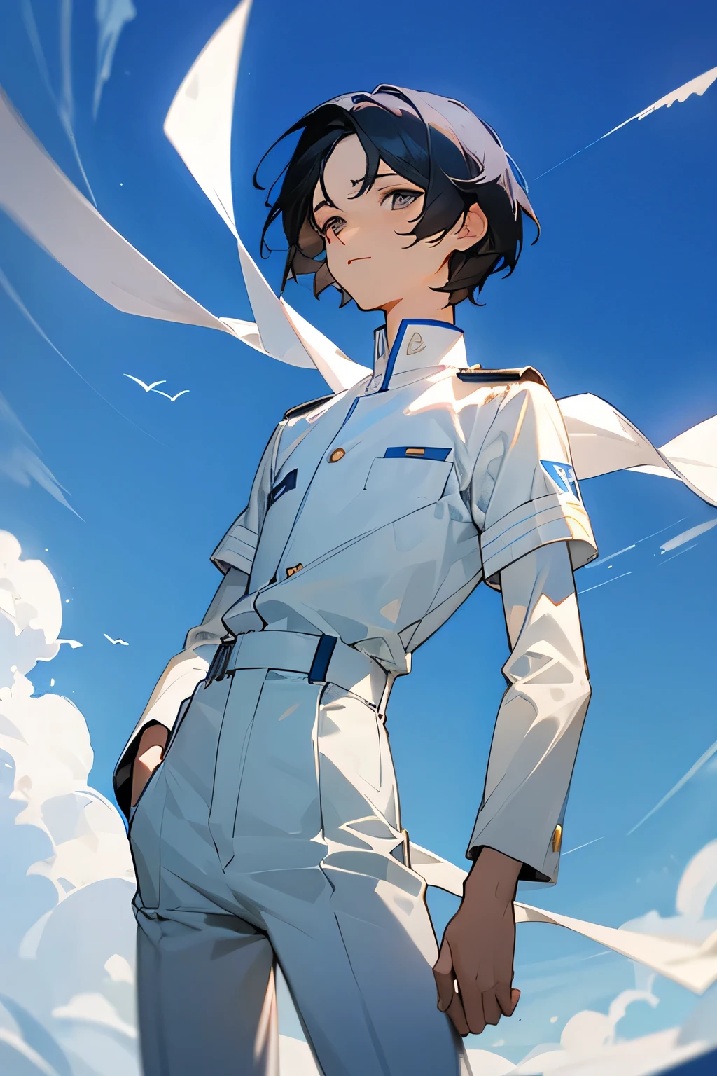 The boy looked 14, he had short silky hair and delicate eyes that resembled the clear blue sky, wearing a white uniform and gray pants.