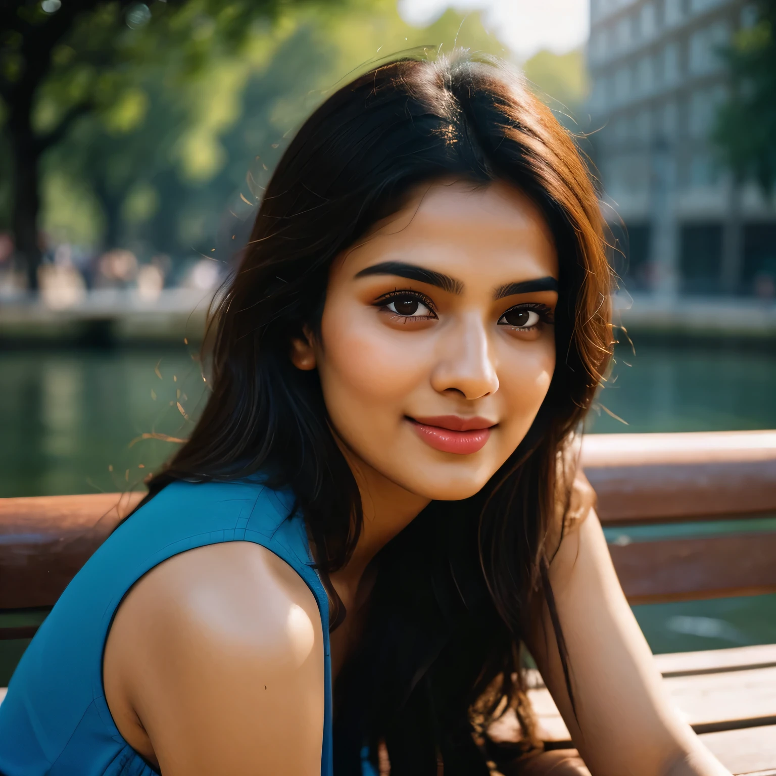 (Rhea Chakraborty:0.3), (Alia Bhatt:0.6), (Kriti Sanon:0.7), ((close-up, editorial photograph of a beautiful mature Indian college girl)), (highly detailed face:1.4, smile, detailed eyes blue), ((slim, flawless complexion, perfect eyes, long flowing brunet hair, skin pores texture)) POV, ((blue sun dress)), ((sitting on a bench)), (London Bridge) background, (Ultra realistic illustration), hyper realistic, sharp focus, unreal engine, photorealistic, photo, masterpiece, realism, photorealism, high contrast, by lee jeffries, nikon d850, film stock photograph, 4 kodak portra 400, camera f1.6 lens, rich colors, hyper realistic, lifelike texture, natural lighting , cinestill 800, depth of field