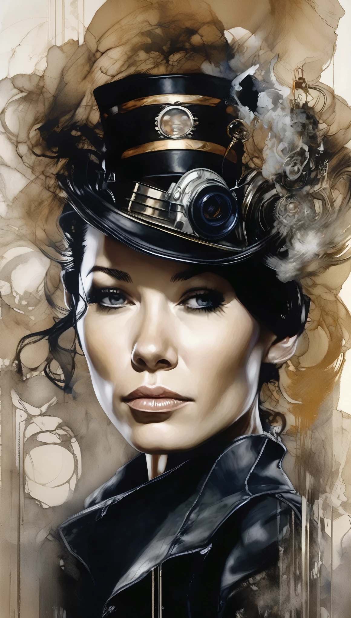 (Evangeline Lilly) is a beautiful charming woman carved out of dark smoke, dressed as a Steampunk girl in black, circular colored smoke, waves of shadows at night, abstract skull ornaments, pixie back fade haircut, soft colors, flat 4d street art in the style of adrian ghenie, esao andrews, jenny saville , edward hopper, surrealism, james jean dark, takato yamamoto, inkpunk minimalism, , detailed symmetrical brown eyes with circular iris, seamless geometric pattern harmony, luminogram, iron gall ink, art by Russ Mills, Sakimichan,, by GIlSam -paio octane rendering depicting innovation and truth, 8k, by Lee Jeffries, depth - Gs studio