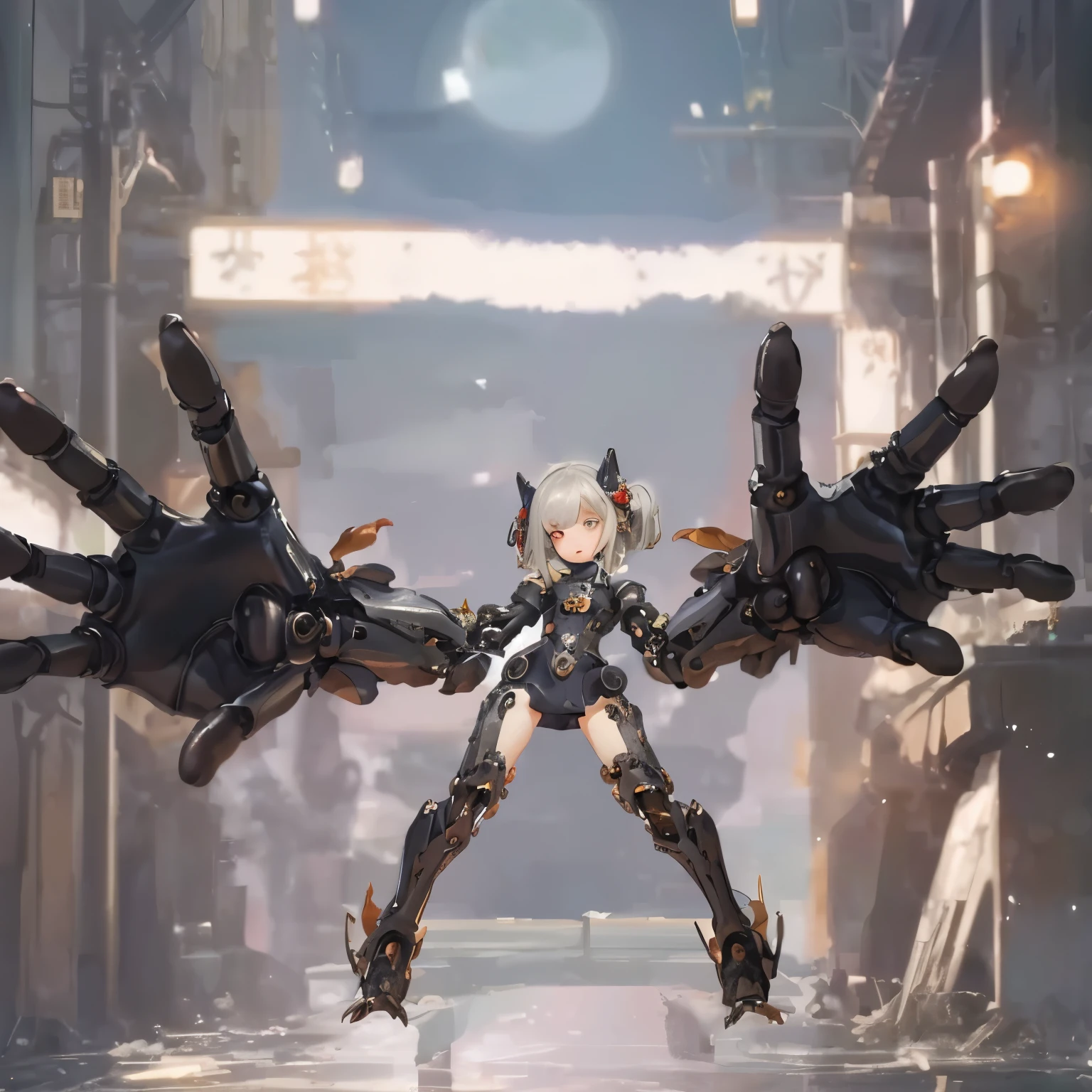 masterpiece, best quality, 1girl, a cute anime girl's hands are mechanical manipulator, big hand, black hand, mechanical hand, manipulator, mechanical manipulator, girl's hands are huge, a standing, hands bigger than body,