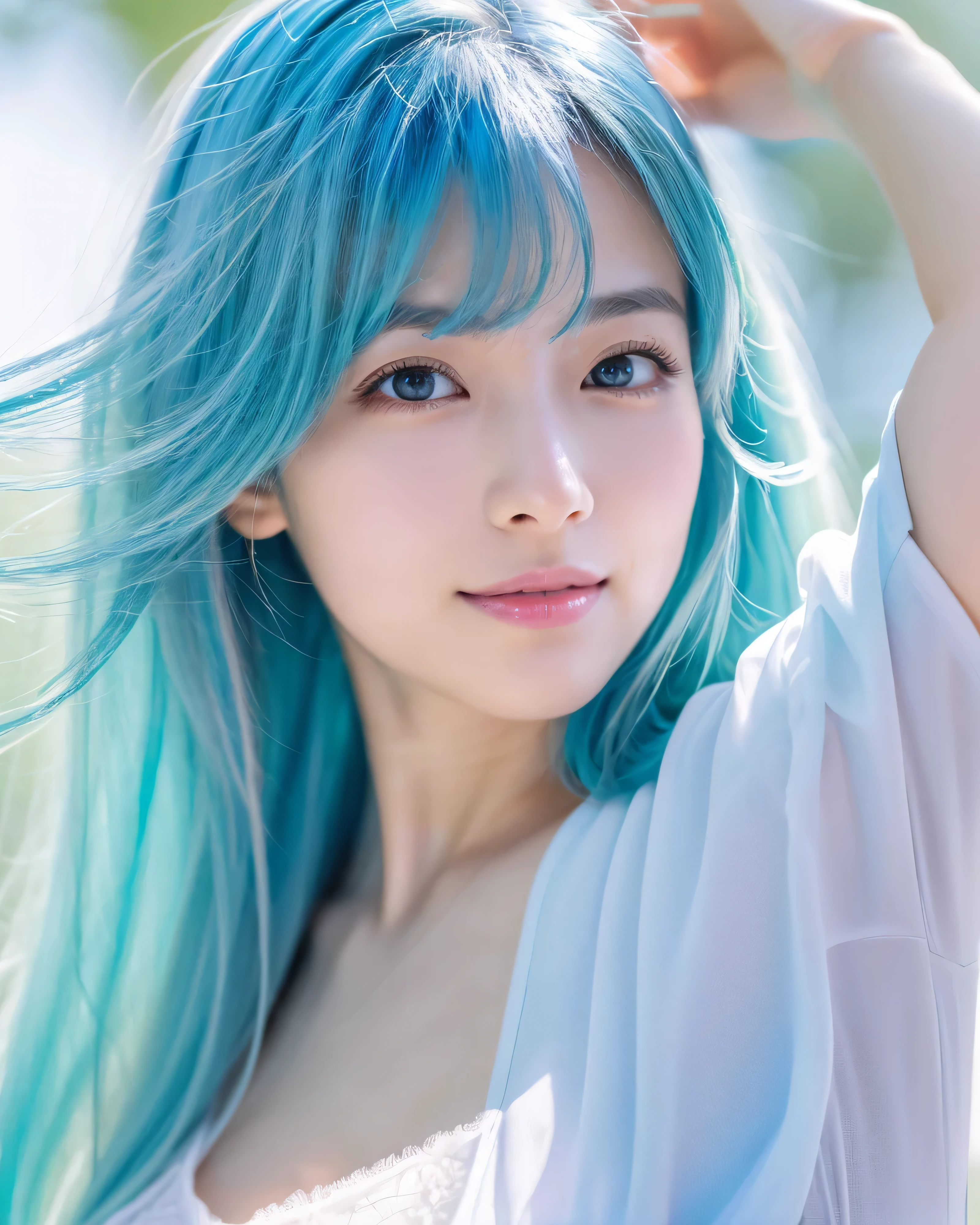 (highest quality, 32k, High resolution, masterpiece:1.5, ), Haunting fantasy portrait in abstract style, ((In a swirl of fantastic pastel colors and soft light)), Evoking a sense of soothing tranquility and elusive beauty, Award-winning masterpiece with amazing details, Color and shape, expression of emotions, rich in imagination, cute japanese woman, full shot of full body, perfect human anatomy, big magical eyes, gentle smile, Motherhood and tolerance, ((shiny light blue hair)), Beautifully groomed long hair, Beautiful asymmetrical bangs, hair between eyes, white, clear and soft skin, thin eyebrows, clear double eyelids, pale pink lips, ((see-through transparent camisole,)), High resolutionの完璧な鎖骨, High resolutionの美しい胸元, Slender body with plump breasts, High resolutionの美しい太もも, soft sunlight, professional lighting, professional photographer, Professional models,mysterious