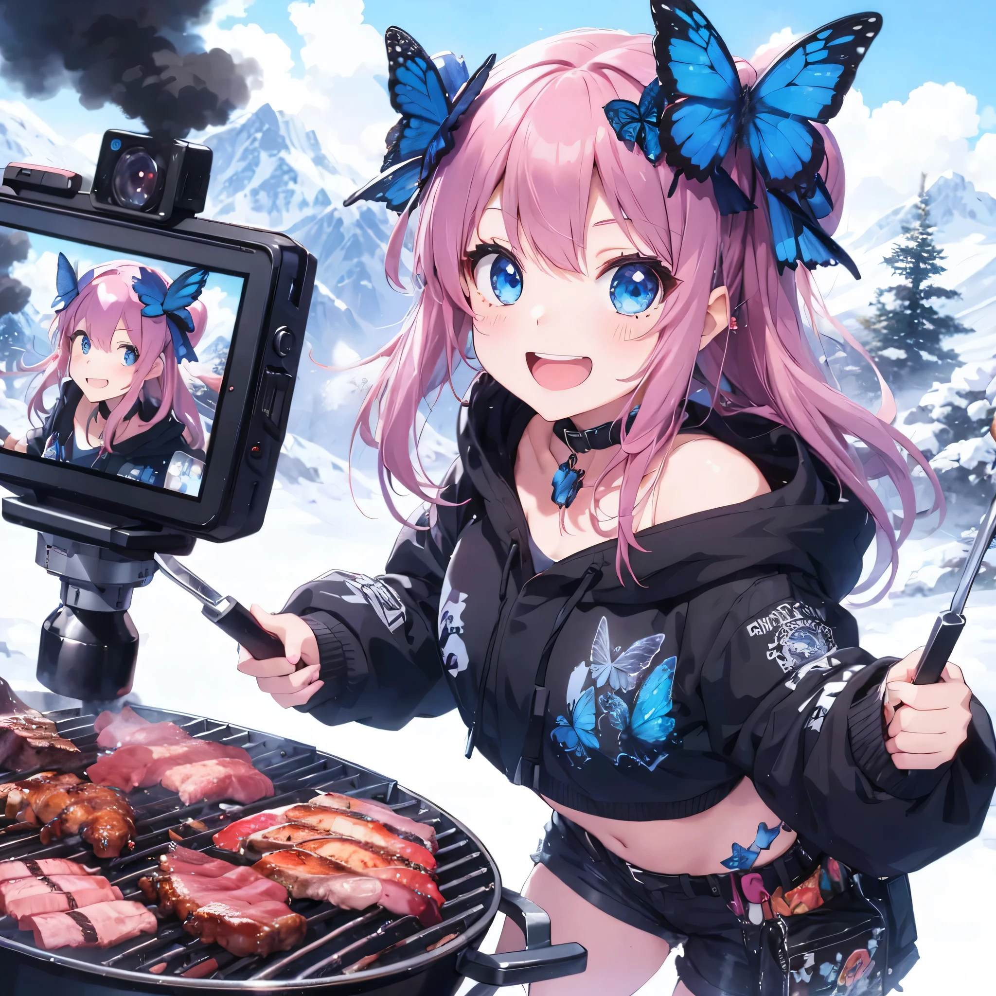 Create an anime illustration of a girl with pink hair and blue eyes, in a playful pose. She’s in a black street punk outfit with blue butterfly motifs. The setting is a snowy mountain where she’s grilling meat on a BBQ, with heavy black smoke swirling around. She’s also taking a selfie with an action camera on a stick, with her image displayed. Her look is cheerful yet impish, as she holds a BBQ fork.
