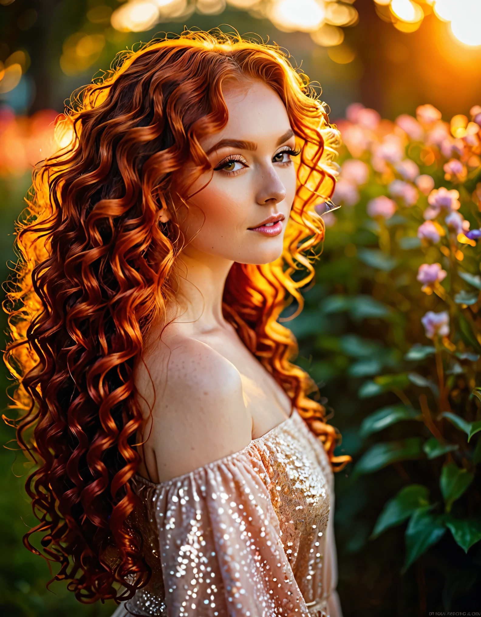 (the) golden hour, (vibrant colors, vivid colors:1.1), bokeh, feminine, elegant and sexy, natural lighting, dreamy atmosphere, curly and long red hair, 