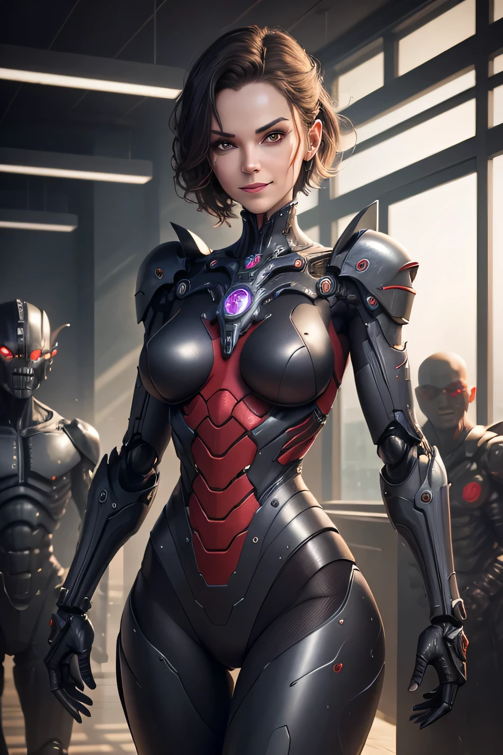 Middle-aged female robot with an evil smile mechanical body An evil-looking boy stands behind her. The background is indoors, UHD, retina, masterpiece, ccurate, anatomically correct, textured skin, super detail, high details, high quality, award winning, best quality, highres