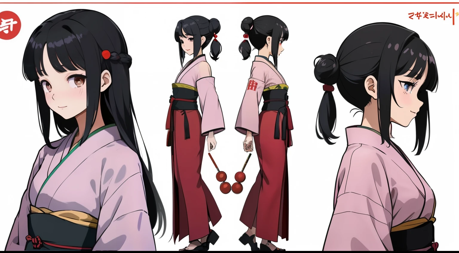 , Black Hair Girl, Hair length to the armpits (((happy flirty look))) ,japanese kimono, ((Odango hairstyle)) (((detailed character sheet, Front view, Side view, 3/4 view)))