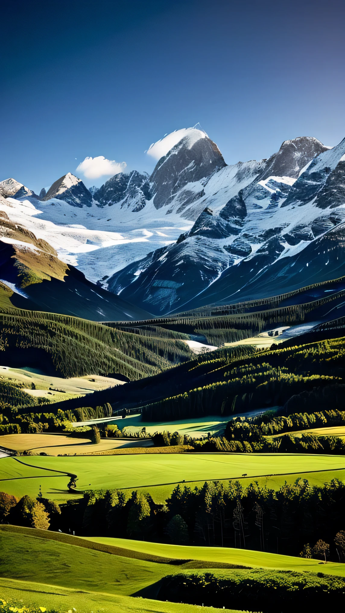 Beautiful landscape, spring,land,green fields, mountains with snow on top of them, 1 tree, dark sky no clouds,milky way sky,fore ground flowers