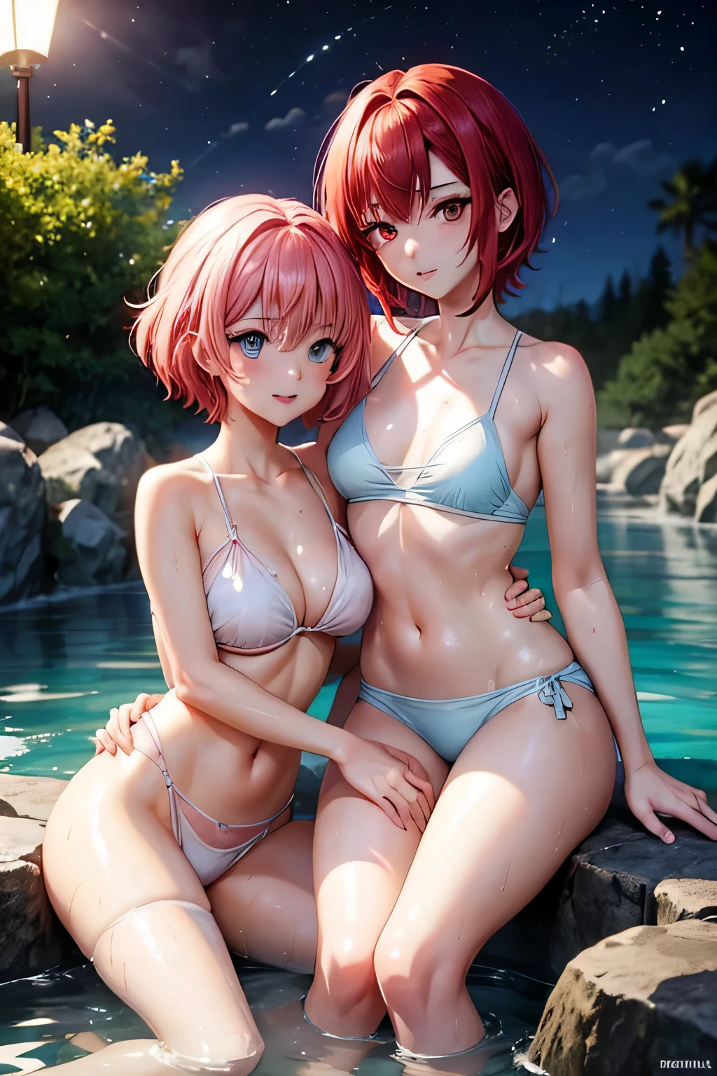 Two anime girls. One person with short red hair, red eyes. One person with pink hair, blue eyes. Bathing together. Hot springs. Night. Rubbing each other's groins.