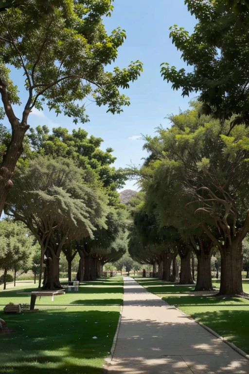 Larges trees with a lush canopy in a park with well-maintained grass and a desert in the background