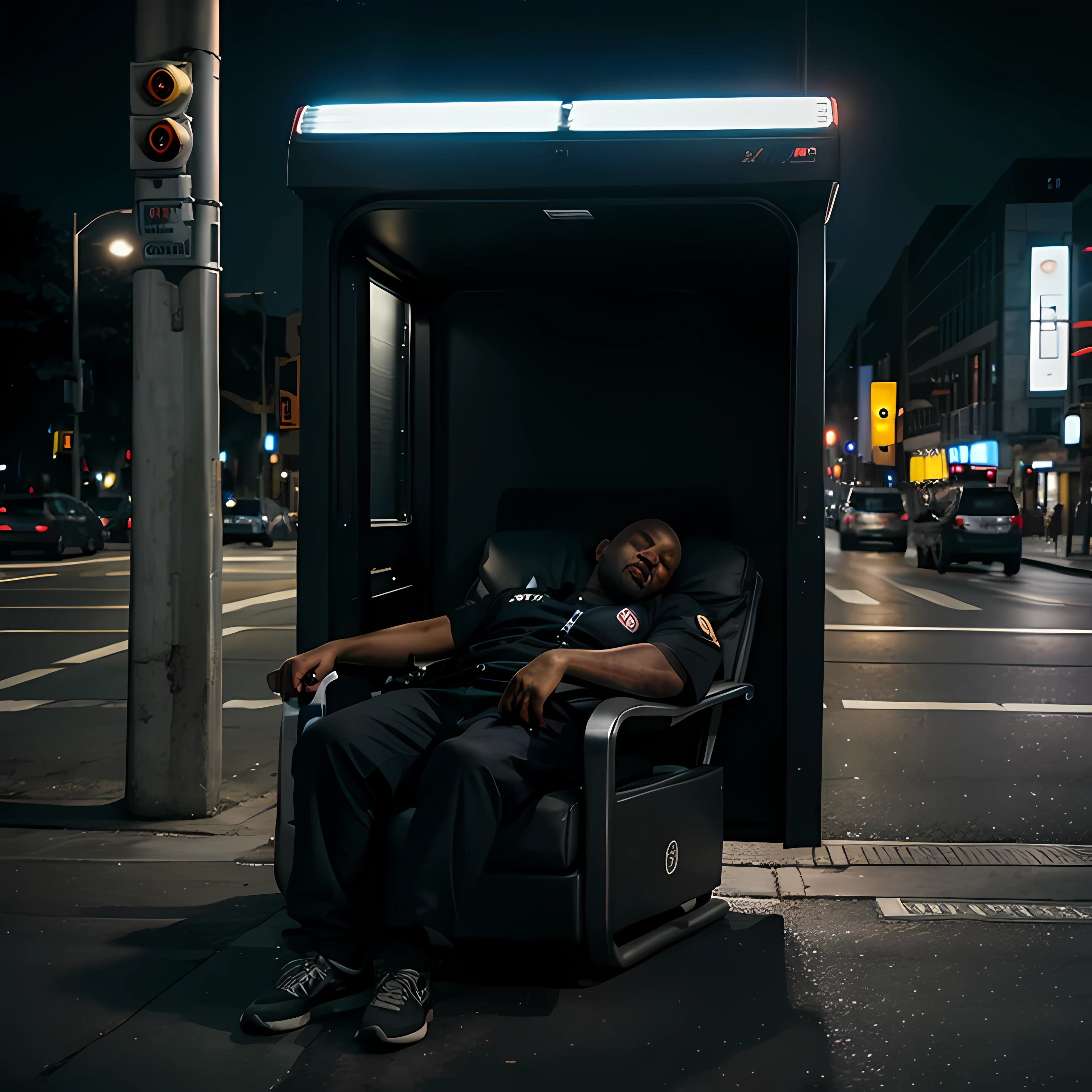 Security guard sleeping on chair in night HDR Realistic, outside of heavy traffic