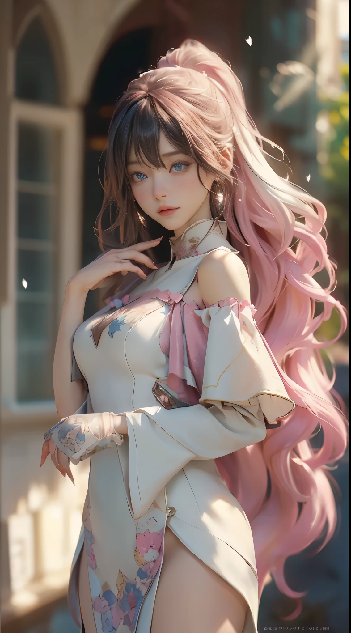 （（best qualtiy））， （（tmasterpiece））， （detail：1.4）， Beautiful cyberpunk female images，hdr（HighDynamicRange），Ray traching，NVIDIA RTX，Hyper-Resolution，illusory 5，sub surface scattering，PBR textures，post-proces，Anisotropy Filtering，depth of fields，maximum definition and sharpness，Many-Layer Textures，Albedo e mapas Speculares，Surface coloring，Mitsu-Accurate simulation of material interactions，perfectly proportioned，rendering by octane，Two-colored light，largeaperture，Low ISO，White balance，Rule three points、8K raw data、Beautiful bright blue pupils，off-the-shoulder clothes，Fine pupils，Delicate face and eyes，long eyelasher，Blushlush，Delicate and fluffy hair，pink lip，Pure，Cute face，Sweet girl，Artistic sense，Casual wear，Advancedsense，butterflys，Cherry blossom petal，Beautiful hair accessories，Long hair and waist，Hair fluttering in the wind，Snow-white fox ears，curlies，Snow-white fluffy tail，Positive light，The light from the back window is backlighted