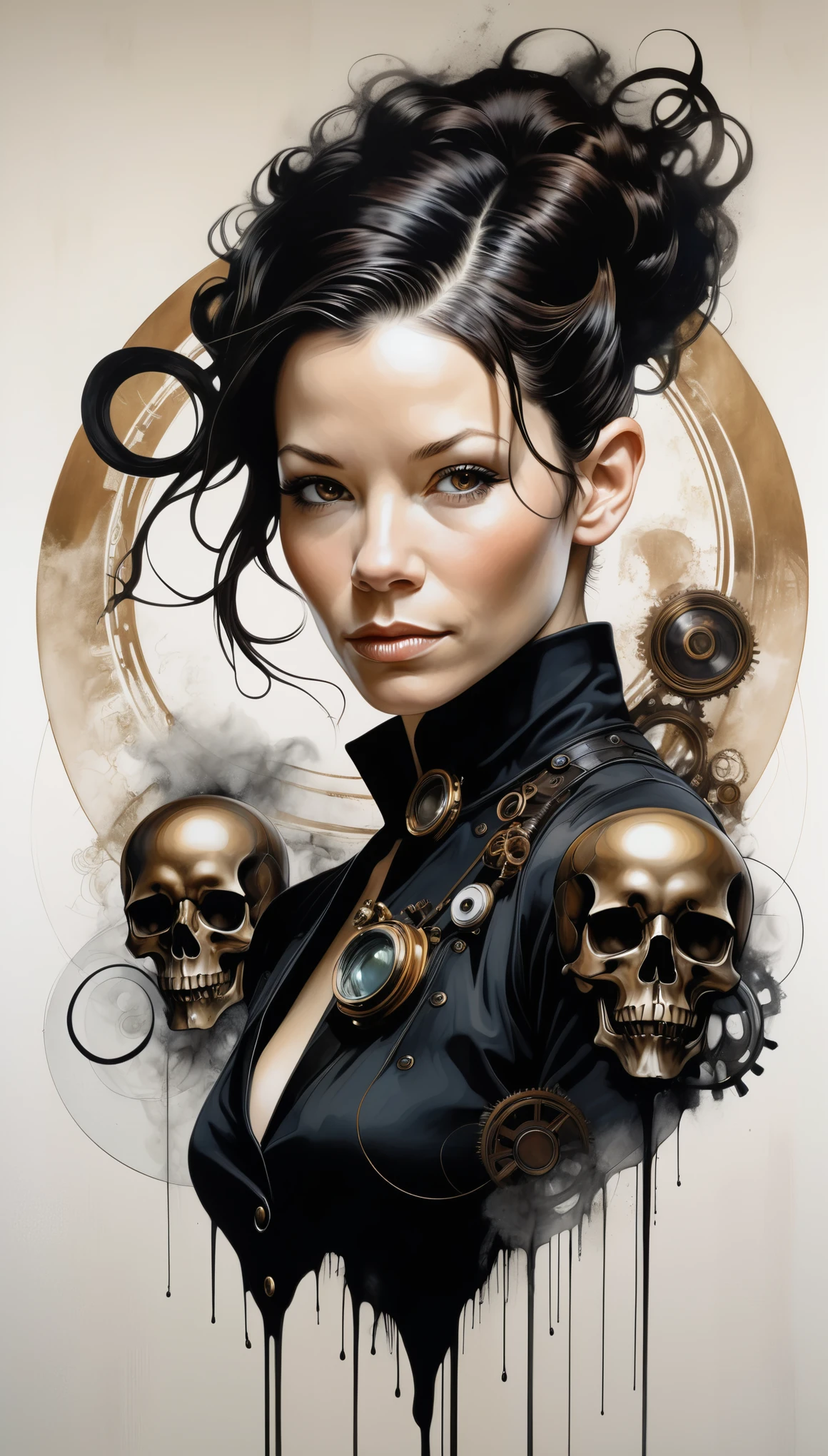 (Evangeline Lilly) is a beautiful charming woman carved out of dark smoke, dressed as a Steampunk girl in black, circular colored smoke, waves of shadows at night, abstract skull ornaments, pixie back fade haircut, soft colors, flat 4d street art in the style of adrian ghenie, esao andrews, jenny saville , edward hopper, surrealism, james jean dark, takato yamamoto, inkpunk minimalism, , detailed symmetrical brown eyes with circular iris, seamless geometric pattern harmony, luminogram, iron gall ink, art by Russ Mills, Sakimichan,, by GIlSam -paio octane rendering depicting innovation and truth, 8k, by Lee Jeffries, depth - Gs studio
