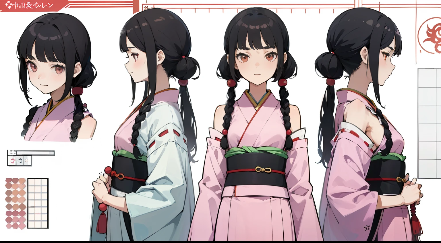 , Black Hair Girl, Hair length to the armpits (((happy flirty look))) ,japanese kimono, ((Odango hairstyle)) (((detailed character sheet, Front view, Side view, 3/4 view)))