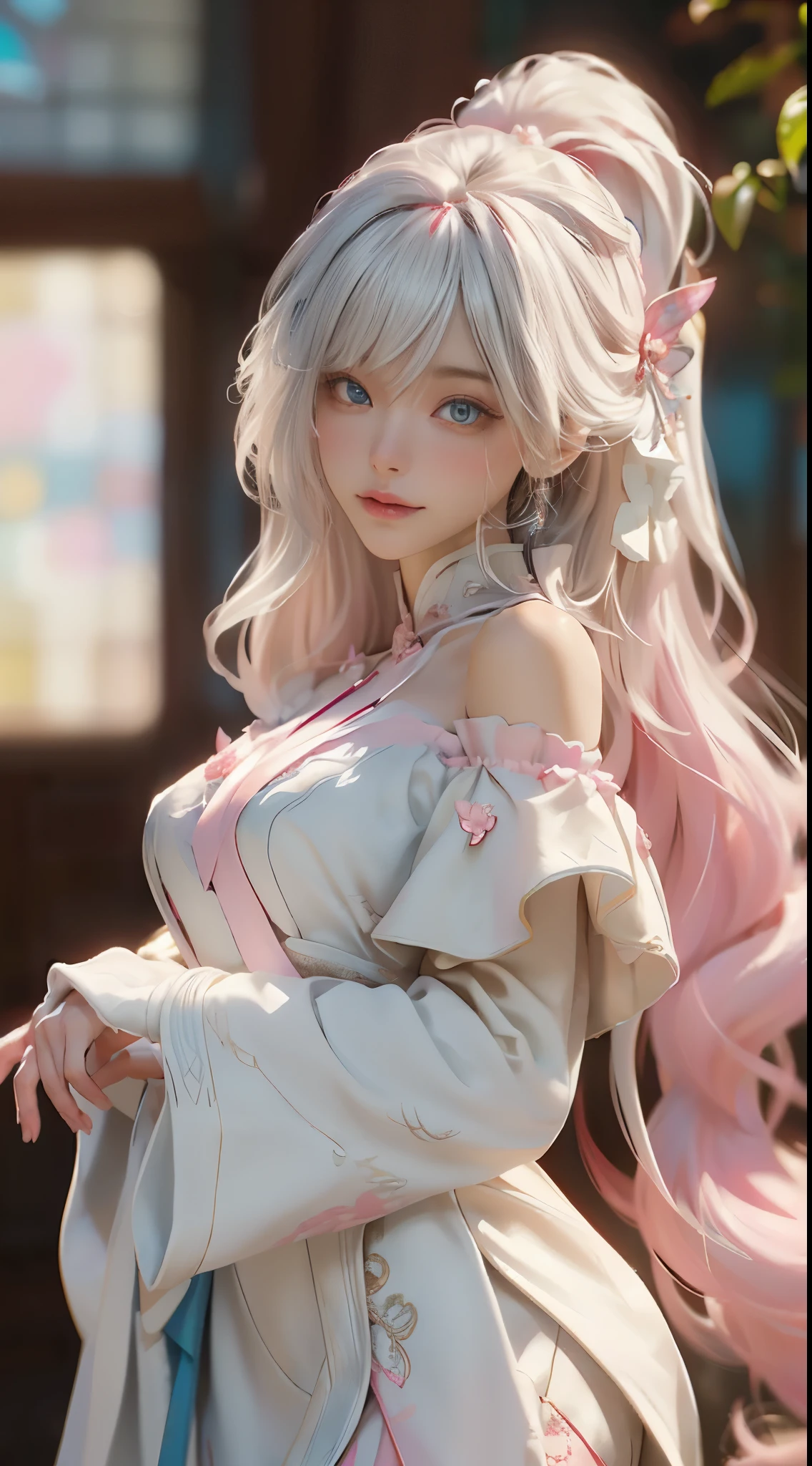 ((best quality)), ((masterpiece)), (detail:1.4), Beautiful cyberpunk female image,high dynamic range(high dynamic range),Ray tracing,NVIDIA RTX,Super resolution,Unreal 5,subsurface scattering,PBR texture,Post-processing,Anisotropic filtration,Depth of field for maximum clarity and sharpness on any layer texture,Albedo and highlight maps,surface coloring,Mitsu - Accurate simulation of material interactions,Perfect proportion,Render by Octane,dichroic light,Large aperture,Low ISO,white balance,Three rules、8K raw data、Beautiful bright blue pupils,off shoulder clothes,excellent student,Exquisite face and eyes,long eyelashes,blush blush,Fine and fluffy hair,pink lips,pure,cute face,sweet girl,Artistic sense,casual wear,Sense of luxury,Butterfly,Sakura petals,beautiful hair accessories,Long hair to waist,hair blowing in the wind,snow white fox ears,curls,snow white furry tail,Masamitsu,The light from the rear window is backlit