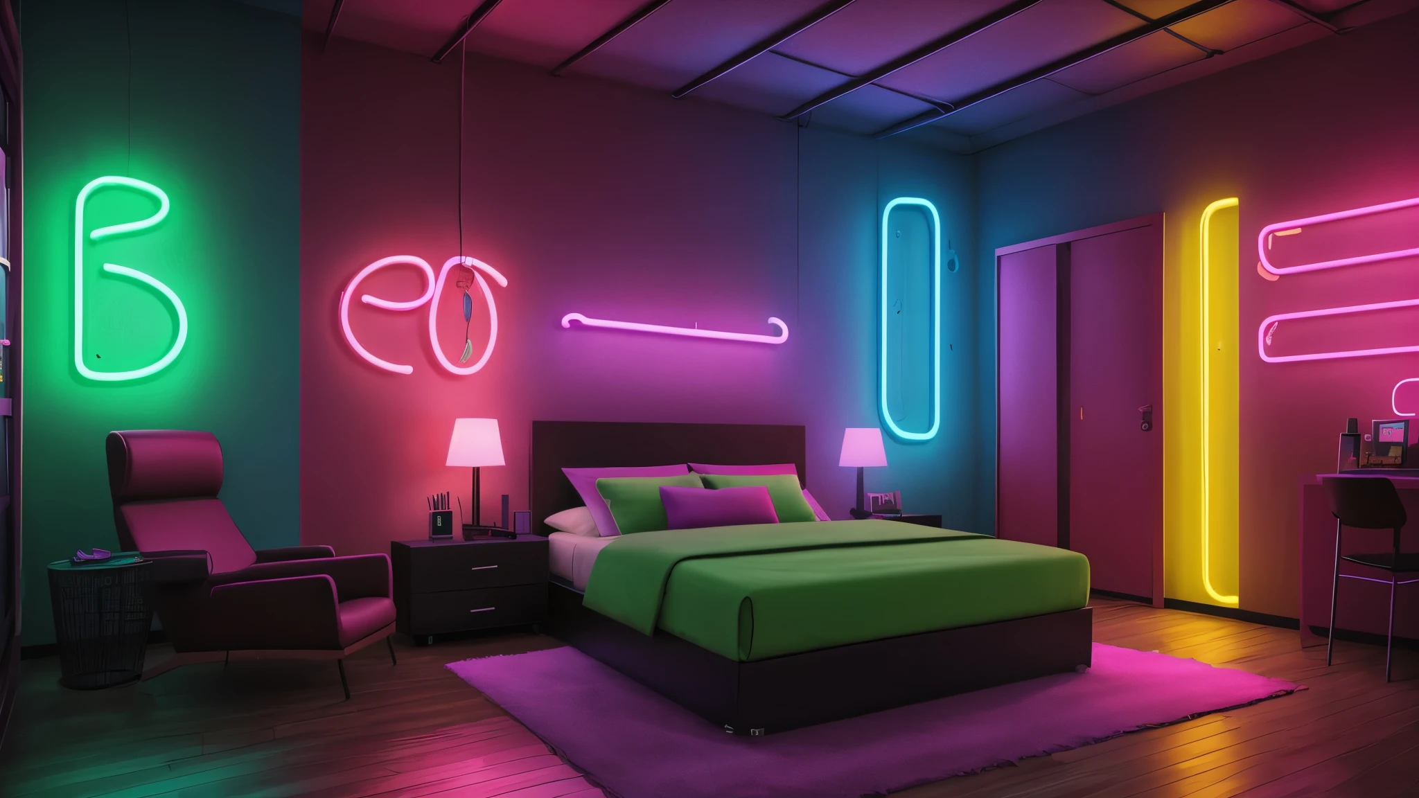 (neon,sexual vibes,room:1.2)(best quality,highres),(vibrant colors,colorful lights),(sensual atmosphere,seductive mood),(artistic,gritty), written on wall "Brother"