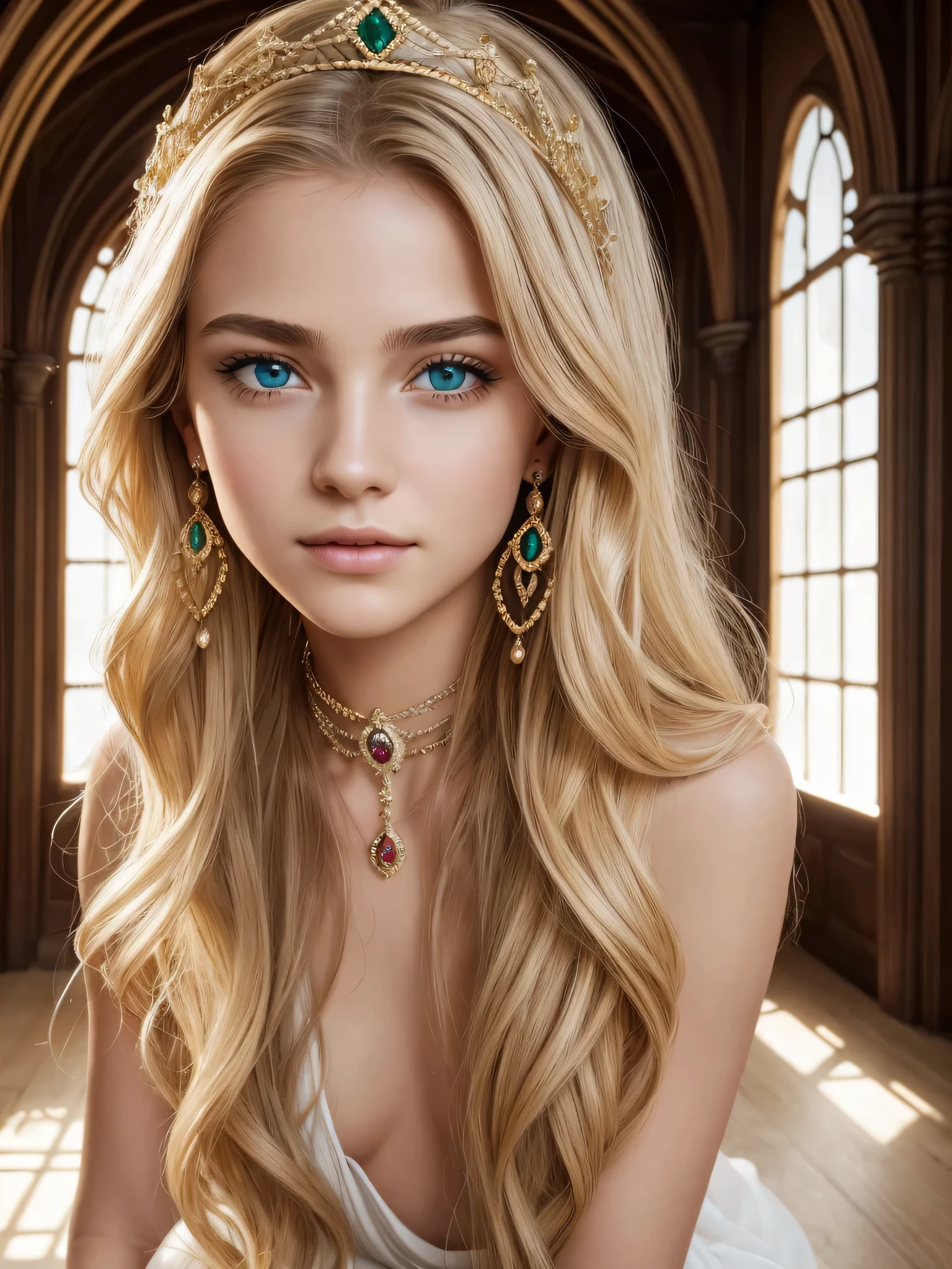 15 year old Norwegian girl, real women、realistic pictures、long wavy blonde hair, The most beautiful blonde hair in the world、emerald green eyes、perfect details, perfect facial details, perfect eye details , very beautiful skin、perfect skin details, Depth of the bounds written, Medieval European castle hall、Palace of Versailles、dark hall of mirrors at night、luxury chandelier、luxury decoration、complete nudity、no bra、no panties、exposed shoulders、exposing breasts、exposing nipples、exposing buttocks、exposing belly、exposing thighs、face focus , Realistic and thin girl's body shape、thin eyebrows、Very sexy eyeshadow、sexy eyeliner、red lips、Tiara of gold and jewels on head、luxurious gold and jewel necklace、large gold and jewel earrings、fantastically beautiful, romantic、low contrast、very soft light, ((david hamilton style)), highest quality, Photoreal, 8k, High resolution, fine skin, 15 year old female、very cute norwegian model、detailed face、detailed nipples、Very cute face、close your mouth、smile a little、very body、very thin body、Bigger face、very flat chest、short torso、thin limbs、very small butt、Pale pubic hair、camel toe、Nobody is here、Walking through the great hall、open your legs a little、high ceiling、complete nudity、no panties、Completely anatomically correct body、one head、two arms、2 legajestic queen pose、hall々pose、shy look、Have fun、happy feelings、from the front、From below、