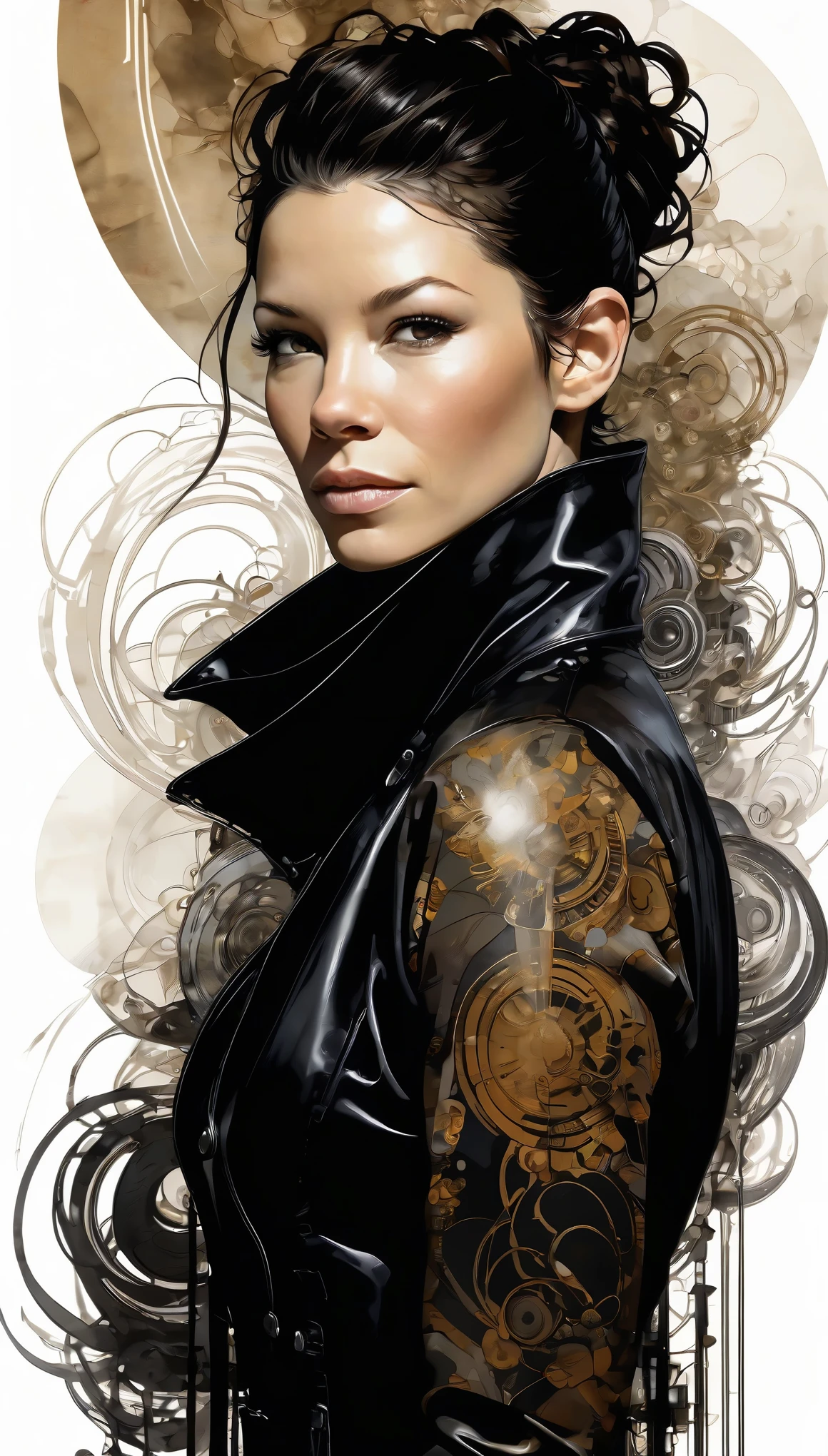 (Evangeline Lilly) is a beautiful charming woman carved out of dark smoke, dressed as a Steampunk girl in black, circular colored smoke, waves of shadows at night, abstract skull ornaments, pixie back fade haircut, soft colors, flat 4d street art in the style of adrian ghenie, esao andrews, jenny saville , edward hopper, surrealism, james jean dark, takato yamamoto, inkpunk minimalism, , detailed symmetrical brown eyes with circular iris, seamless geometric pattern harmony, luminogram, iron gall ink, art by Russ Mills, Sakimichan,, by GIlSam -paio octane rendering depicting innovation and truth, 8k, by Lee Jeffries, depth - Gs studio