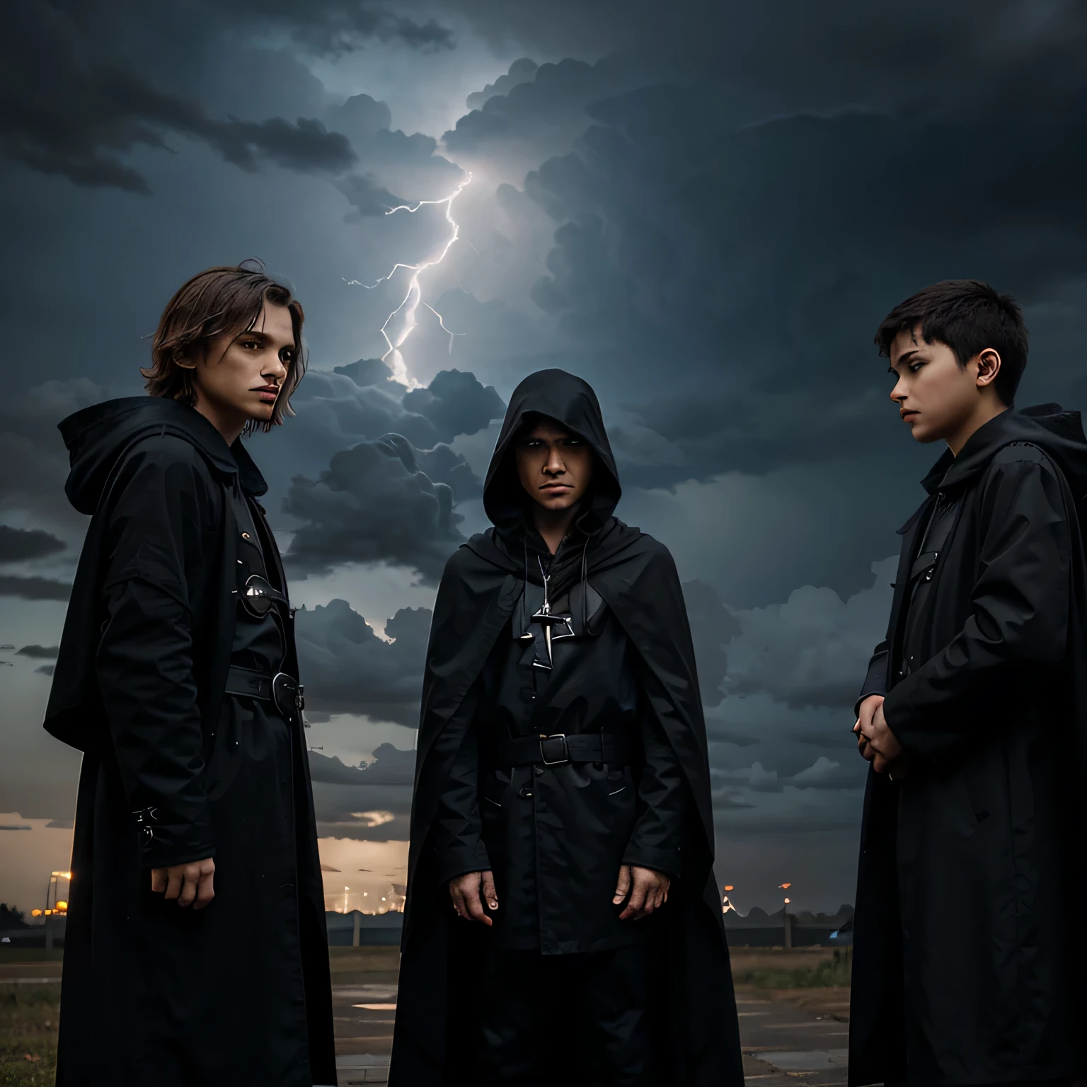 3 boy, cloudy sky with lightning, black cloak, hidden faces