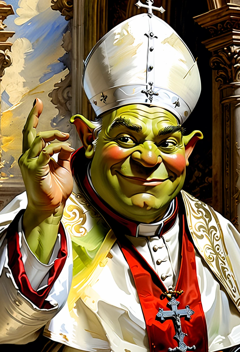 sense of depth and intrigue, digital brush strokes, computer graphics graphic illustration,
Shrek as the pope in Sistine chapel celebrating mass
Style Giovanni Boldini, Bastien Lecouf-Degarme, Carn Griffiths, E. Abramzon, Raphael, Caravaggio, Coby Whitmore, Titian, Leonardo da Vinci,, AI Midjourney, bright rich colors, watercolor, oil paints, HDR, 500px, 4k,