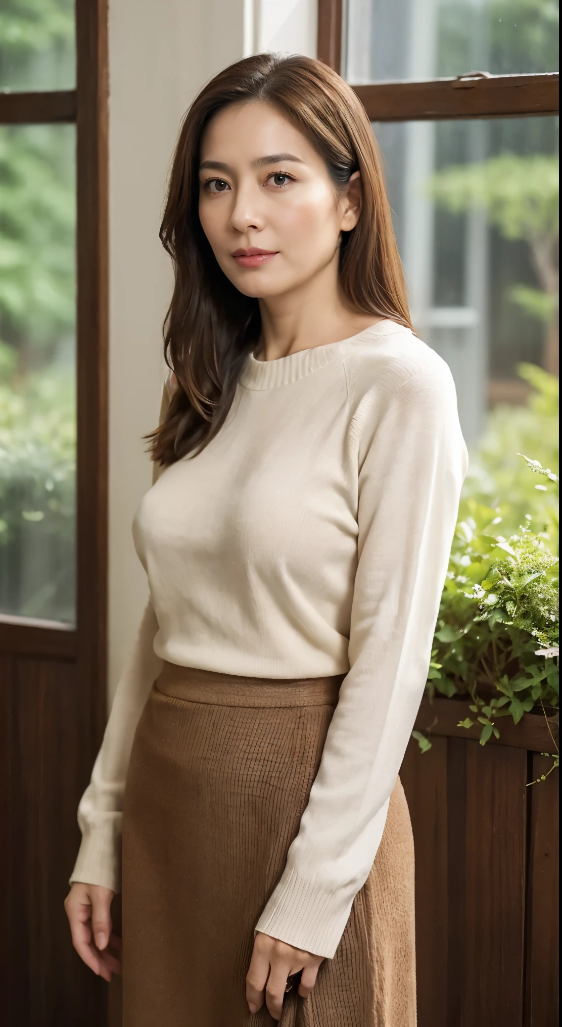 Stand comfortably while looking away from the center of the screen., Shut up and be serious(Serious), Look at your face., Mature 50-year-old Japanese woman with average body shape., Rainy outside the window on the garden background, leaving the garden out of focus on a rainy day., anatomically correct, With slightly larger breasts and a nice body., Light brown straight hair that reaches her shoulders and a sweater, wearing a skirt, Please describe the skin in detail and texture., Including wrinkle details on the face.. Also, please take a picture of me playing solo in cowboy shot style..