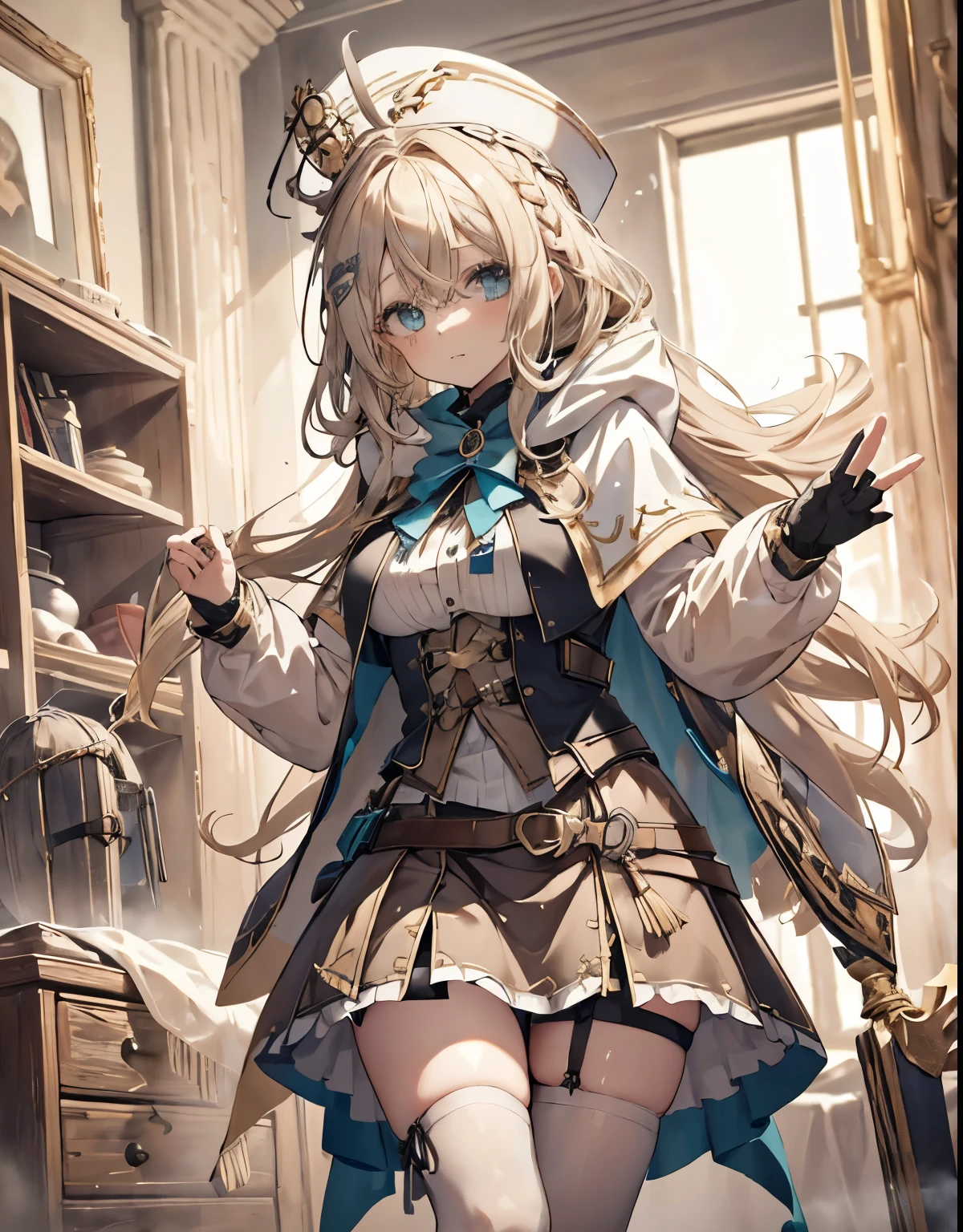 masterpiece, 1girl, sparrow, a blonde haired girl, wearing a white medieval priestess clothes, curly long hair, messy hair, slim body, wearing golden capelet with hoody, he close her left eye, shirt ornament, aqua eyes, sho show her back, ahoge, black vest, baby face, big breast, beautiful breasts, rounded breasts, braid hair, mitre cap, long sleeves, beautiful eyes, white stocking, droopy eyes, miniskirt, brown skirt, plaid skirt, she is piss on the bed, her age is 19 years old, mitre, black mitre