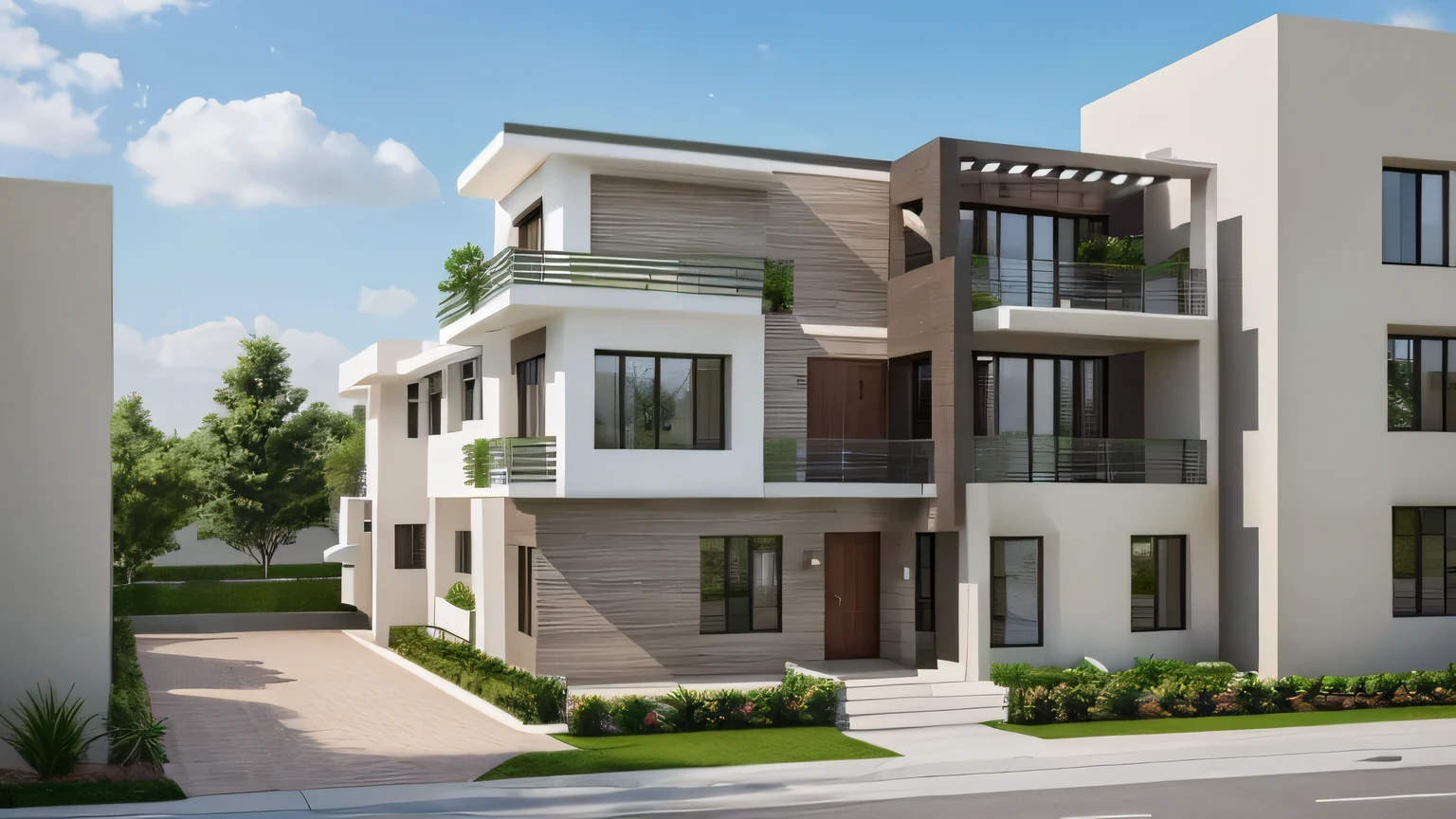 (masterpiece),(high quality), best quality, real,(realistic), super detailed, (full detail),(4k),8k,modern house exterior design,Modern architecture,Beautiful_sky,Day light, no_humans, outdoors,sky,tree,Garden flower front of building