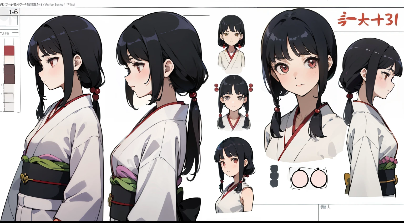 16 years old, Black Hair Girl, Hair length to the armpits (((happy flirty look))) ,japanese kimono, ((Odango hairstyle)) (((detailed character sheet, Front view, Side view, 3/4 view)))