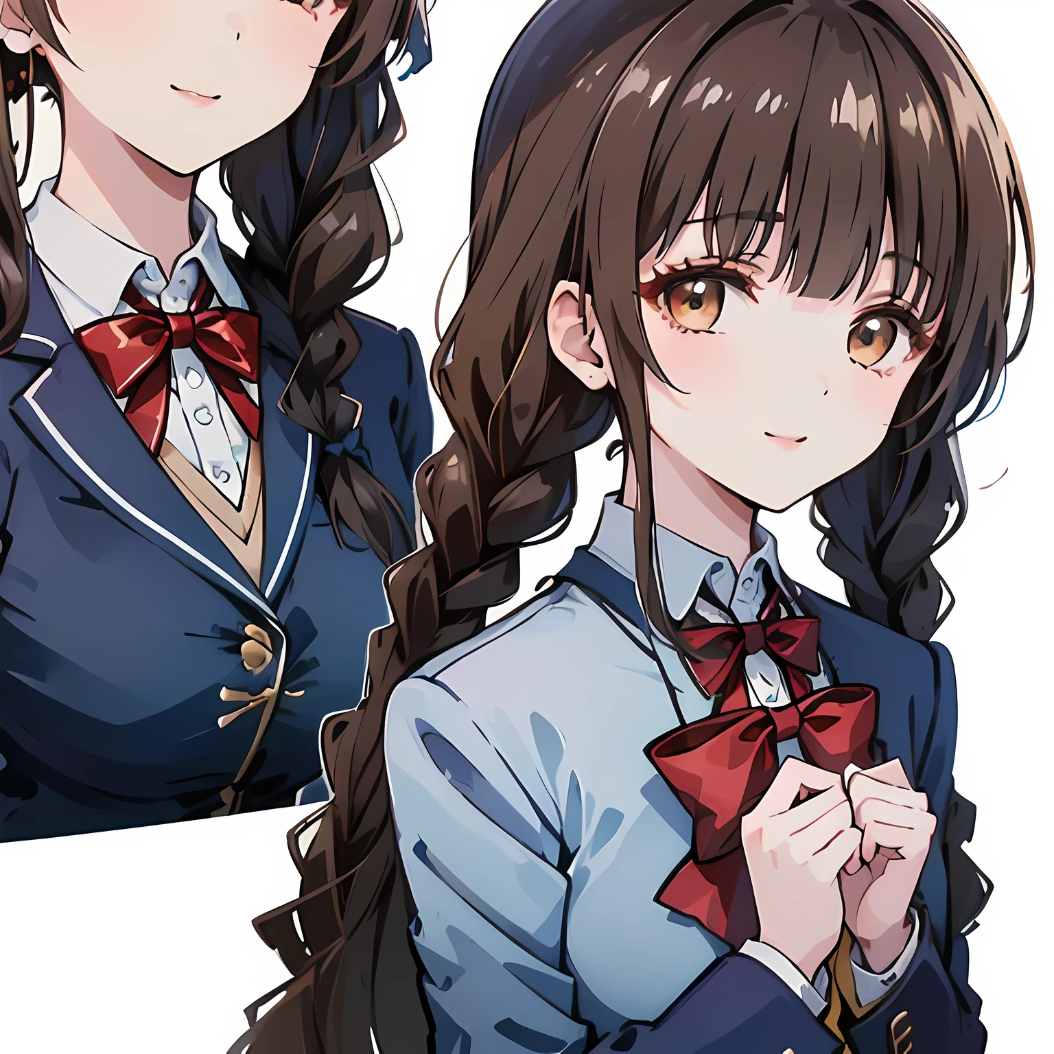 highest quality, (masterpiece:1.2), High resolution, perfect pixel, One so beautiful woman is standing, , (((big very detailed beautiful dark brown eyes))), ((girly large wine-red glossy polyester Japanese school ribbon bow tie)), (((beautiful twin braids hair))), ((((dark blue & deep navy colored tartan checkered formal skirt)))), ((A formal dark blue blazer that is slightly larger and has a gold emblem on the left chest that feels like the texture of the cloth.)), Watching the viewer and laughing, Very fun, Very happy, mouth is open, the skirt is so cute, detailed fingers, modest chest, curled bangs, ((Lip balm)), so beautiful, long eyelashes, ((Skirt and bow tie is photo realistic)), ((The background is a music room with a piano.)), Appeal to viewers, big long girly hair ribbons, ((Impressive and very beautiful eyes)), Photographed from the front, double eyelids, The entire skirt is photographed, (((upward glance)))