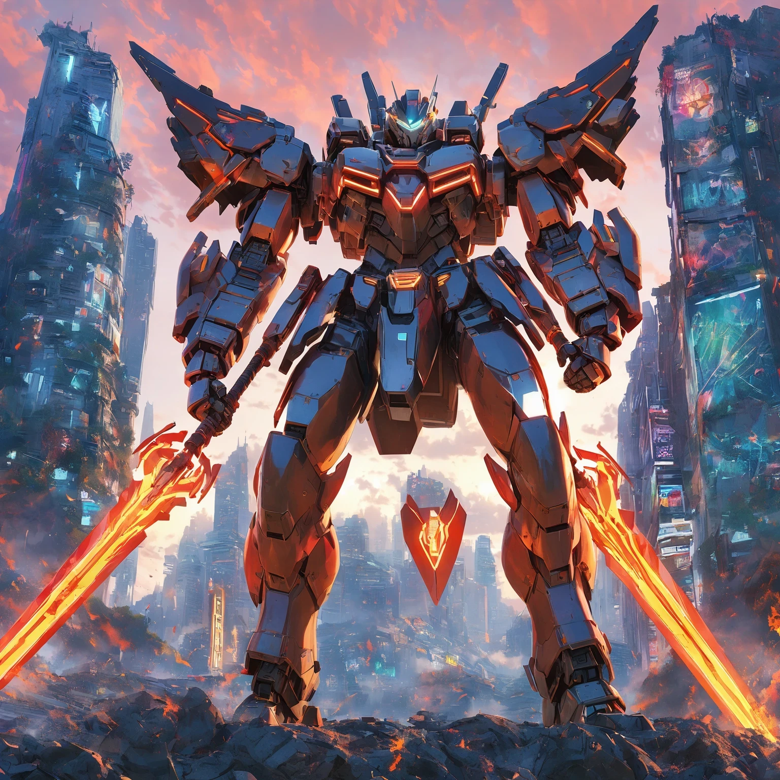 diy6,In a future city on the Pacific coast, towering skyscrapers and neon lights complement each other. The mecha warrior stands in the center of the city, with an overall style reminiscent of the setting in the Pacific Rim movie, blending cyberpunk aesthetics and massive proportions. The entire body is covered with advanced weapons and armor, adorned with neon colors. This mechanical giant is the hope of the future and the guardian of human invasion of extraterrestrial space. It emits industrial miracles and sci-fi landscapes, as if it is a technological terror in a cross dimensional war. Standing on the ruins of the apocalypse, gazing at the deep red sky, its eyes sparkle with fiery light, emitting deafening roars, displaying unstoppable power and lava like anger.