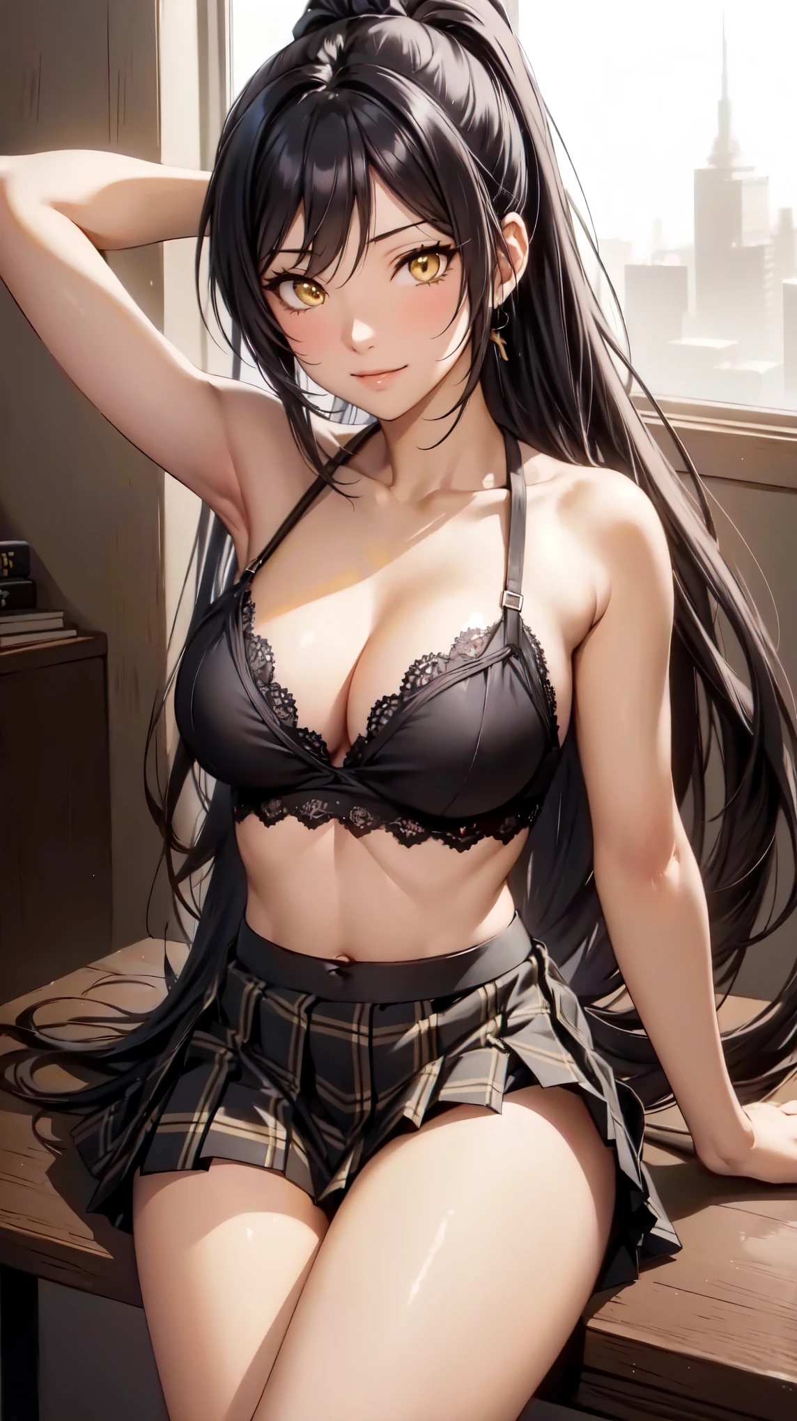 sakuyashirase, sakuya shirase, black hair, hair between eyes, long hair, (ponytail:1.4), (yellow eyes:1.5),NSFW,(big breasts:1.4),(cleavage between breasts),
break collarbone, green skirt, open collar, plaid, (plaid skirt, pleated skirt), skirt,(black lace underwear:1.4),
break looking at viewer, full body,(smile:1.2),(arm behind head:1.3),(belly button,tight waist:1.2),(Height: 170cm),(sitting),18-year-old,spread legs,
break indoors, classroom,bright room,
break (masterpiece:1.2), highest quality, High resolution, unity 8k wallpaper, (shape:0.8),Bright colors, (fine and beautiful eyes:1.4), highly detailed face, perfect lighting, Very detailed CG, (perfect hands, perfect anatomy),(aesthetic anime eyes:1.3)