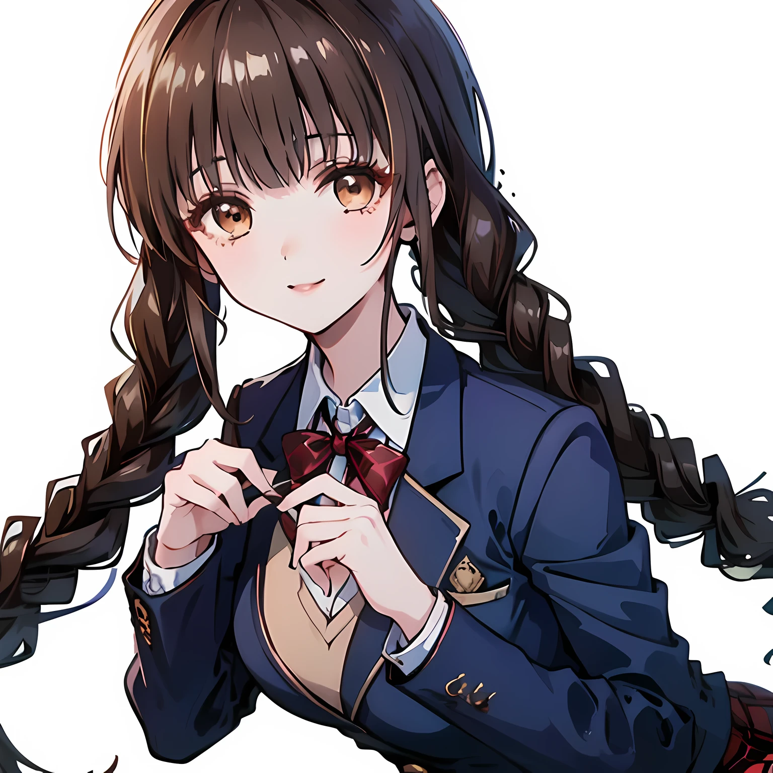 highest quality, (masterpiece:1.2), High resolution, perfect pixel, One so beautiful woman is standing, , (((big very detailed beautiful dark brown eyes))), ((girly large wine-red glossy polyester Japanese school ribbon bow tie)), (((beautiful twin braids hair))), ((((dark blue & deep navy colored tartan checkered formal skirt)))), ((A formal dark blue blazer that is slightly larger and has a gold emblem on the left chest that feels like the texture of the cloth.)), Watching the viewer and laughing, Very fun, Very happy, mouth is open, the skirt is so cute, detailed fingers, modest chest, curled bangs, ((Lip balm)), so beautiful, long eyelashes, ((Skirt and bow tie is photo realistic)), ((The background is a music room with a piano.)), Appeal to viewers, big long girly hair ribbons, ((Impressive and very beautiful eyes)), Photographed from the front, double eyelids, The entire skirt is photographed, (((upward glance)))