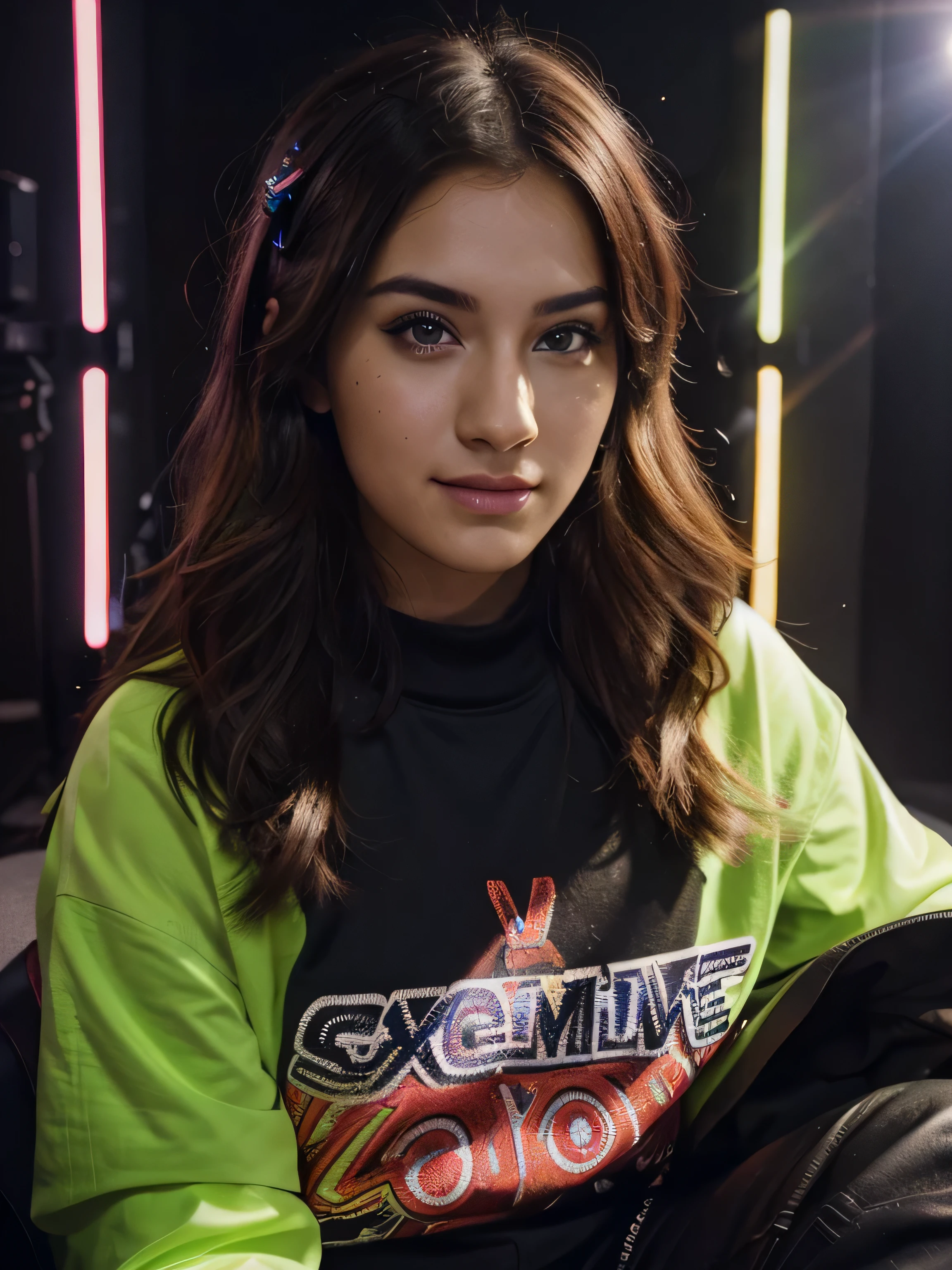 In the image, a YouTuber sits facing the camera, their expression engaged and enthusiastic. The background is adorned with vibrant RGB lighting, creating a captivating visual atmosphere. The lighting is expertly set up, casting a flattering glow on the YouTuber's features, highlighting their high-quality appearance. The overall composition exudes professionalism and draws viewers in with its dynamic energy.