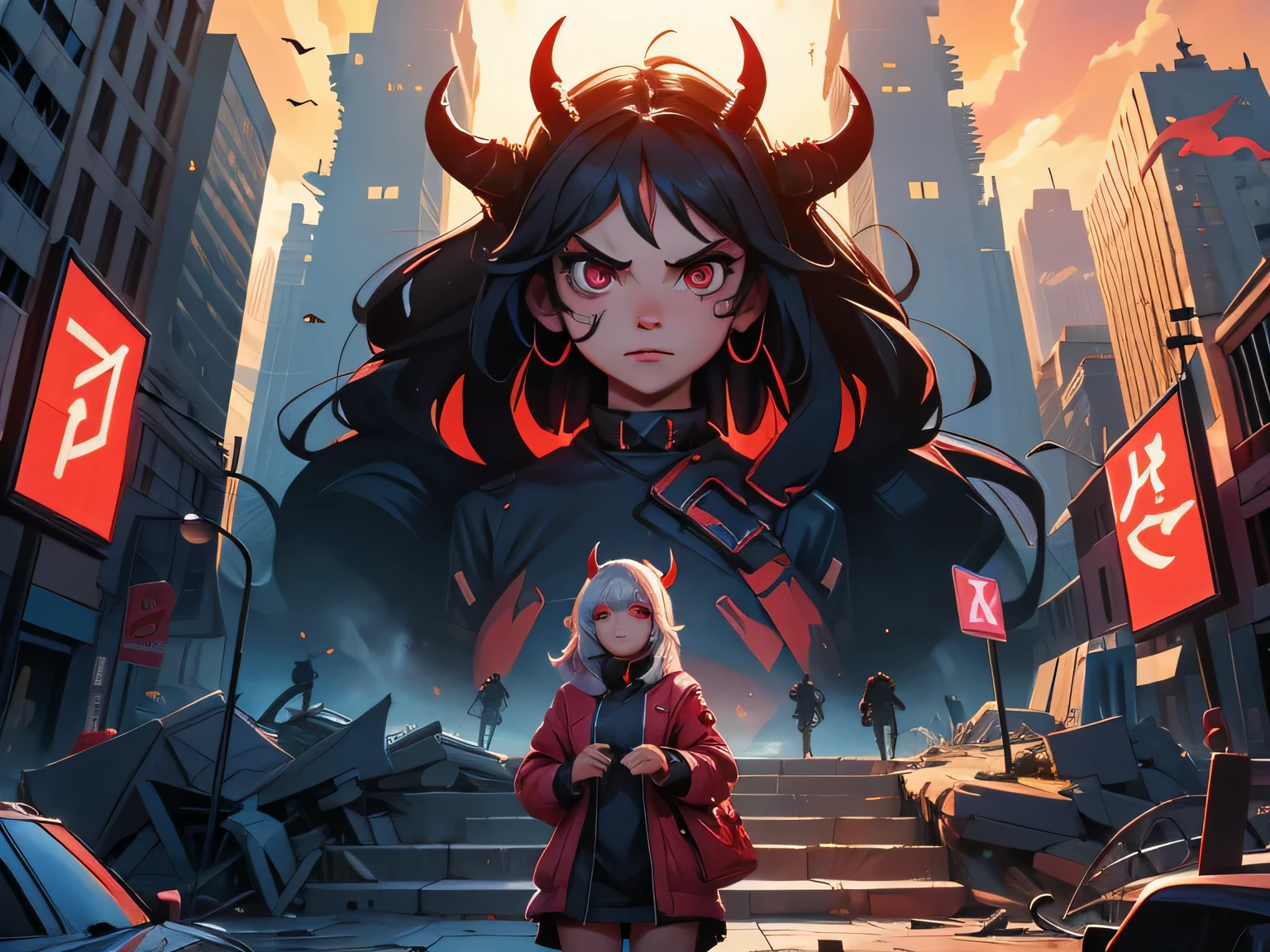End of the World,destroyed city,Poster Design,gluttonous girl,devil,mean look
