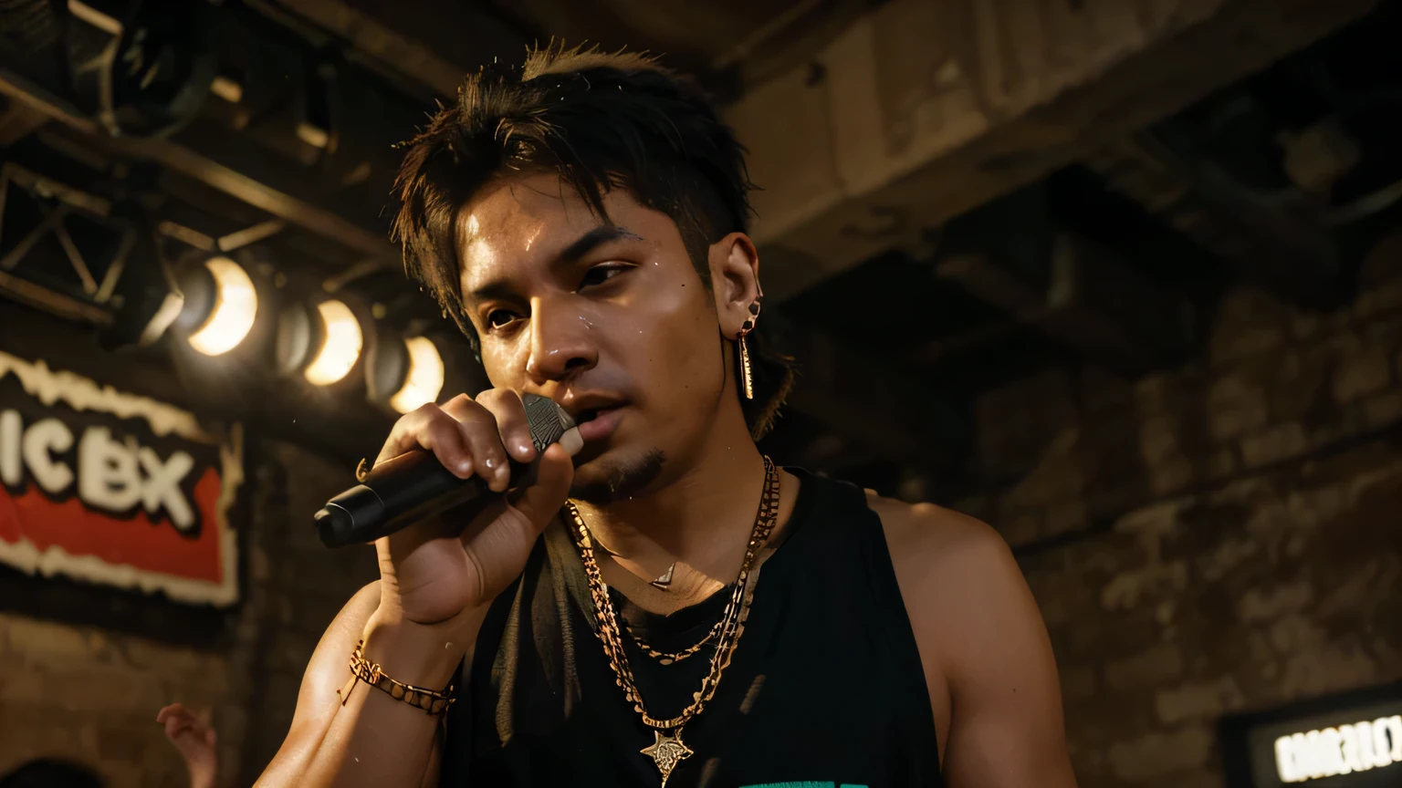 (best quality,4k,8k,highres,masterpiece:1.2),ultra-detailed,(realistic,photorealistic,photo-realistic:1.37),Mexican rapper raps in front of a camera,portrait,low key lighting,vibrant colors,focus on expression,detailed facial features,confident body language,urban setting,graffiti art backdrop,street style fashion,flowing lyrics,dynamic camera angles,sharp focus,energetic performance,night time ambience,smoke effects,lively atmosphere,microphone in hand,engaging eye contact,captivating stage presence,bokeh lights,hip hop vibe,genius lyrics,steeped in cultural references,headphone-wearing audience,studio recording quality,street art-inspired background,stylish accessories,fast-paced rhythm,fingers snapping,hand gestures,underground music scene,party vibes,authentic Mexican flavor,shimmering gold chains,unstoppable energy,showmanship and charisma.