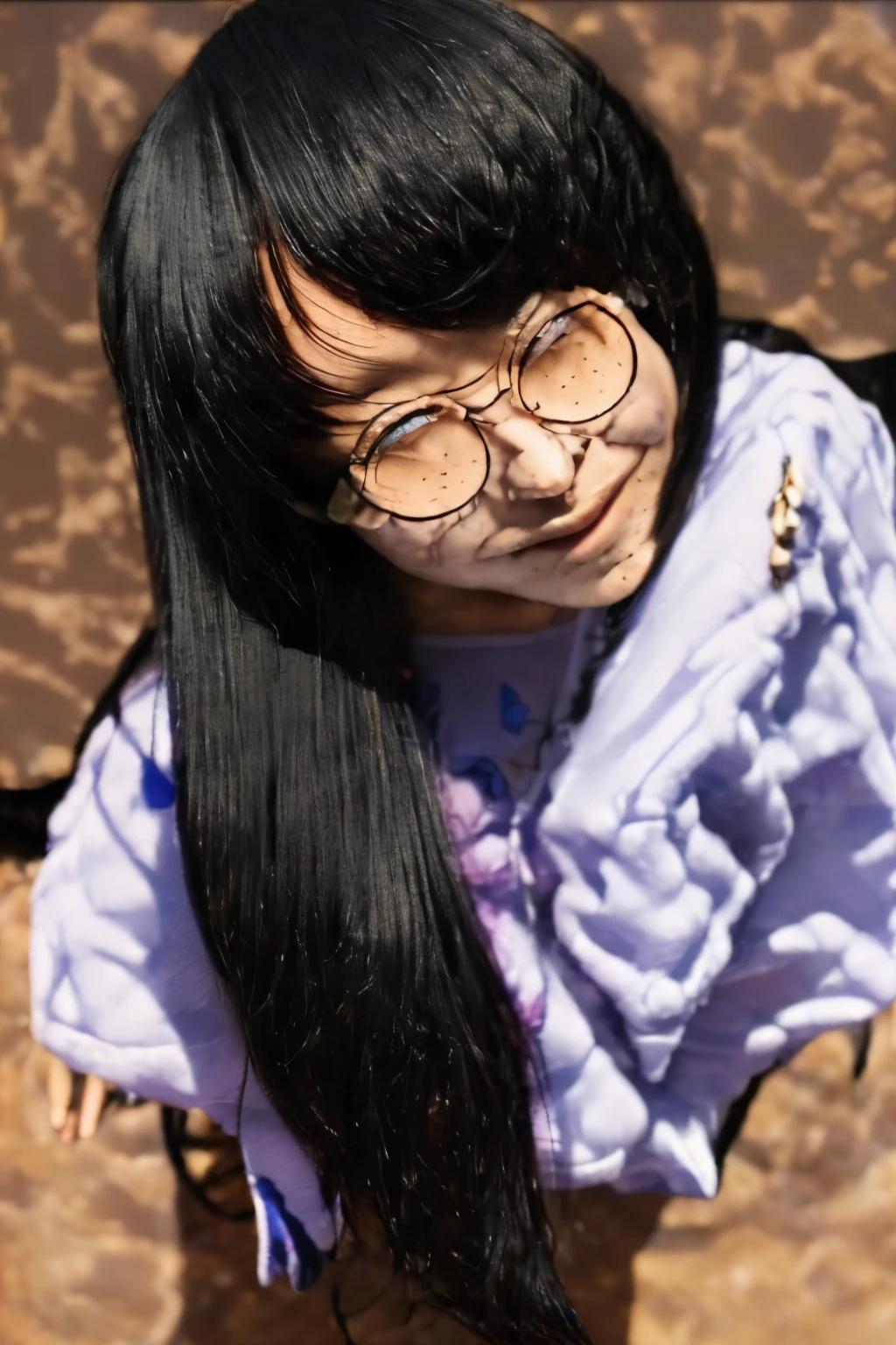 (masterpiece, best quality, beautiful quality, photorealistic, looking at viewer, detailed lighting, extremely detailed skin, extremely detailed hair, extremely detailed teeth, shadows, 8k:1.2), (a picture of a woman, 1girl, glasses, , from above, full body:1.2), naked