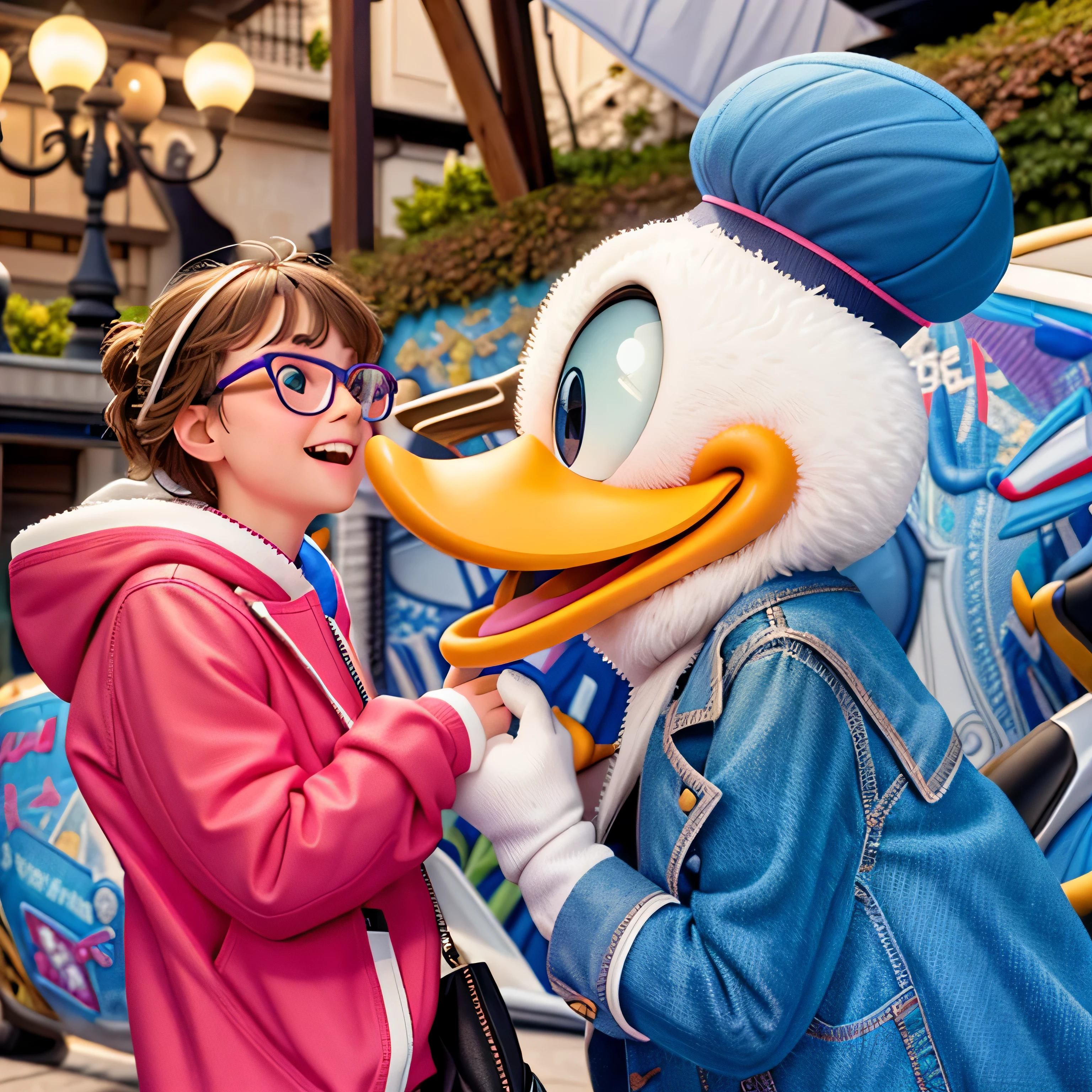 a girl with glasses, pink jacket, donald duck, mouth open, smile, (pixar style), disney style, (masterpiece:1.2), (best quality) (detailed skin) (detailed texture) (8k)  (cinematic lighting) (sharp focus)