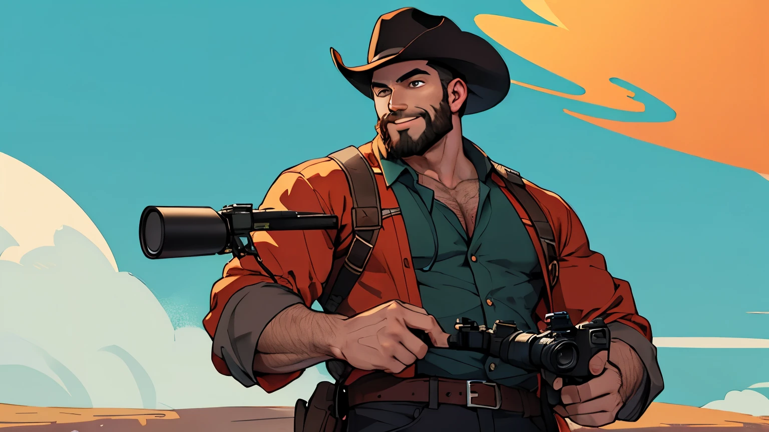 Draw a young programmer,The young man holding the camera looks confident and determined.,,beard, cowboy shooting