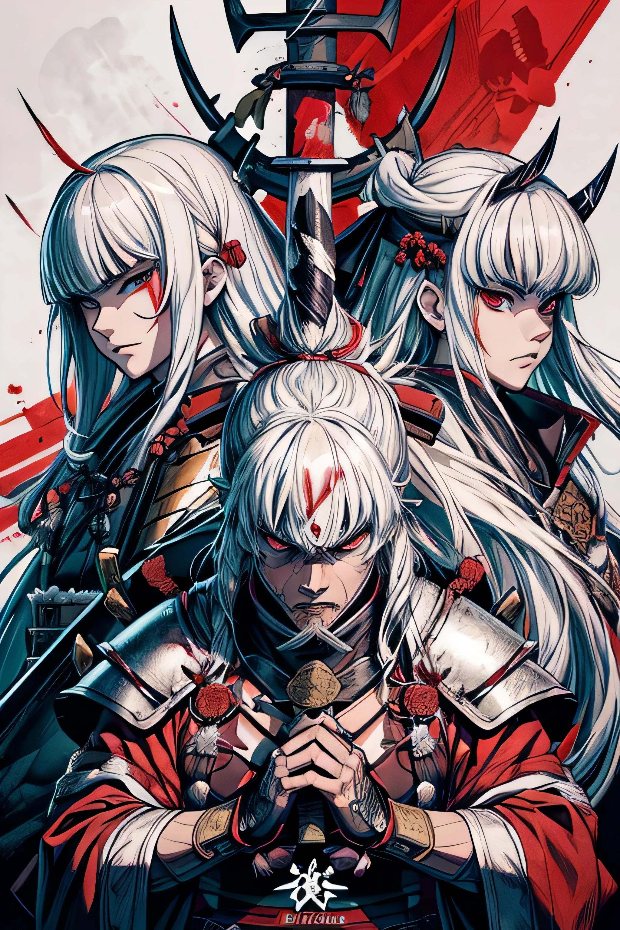 samurai, long white hair, holding katana, blood on the screen, berserk face, white eyes, cuts on the screem, gore on the background, 4k, samurai full armor.