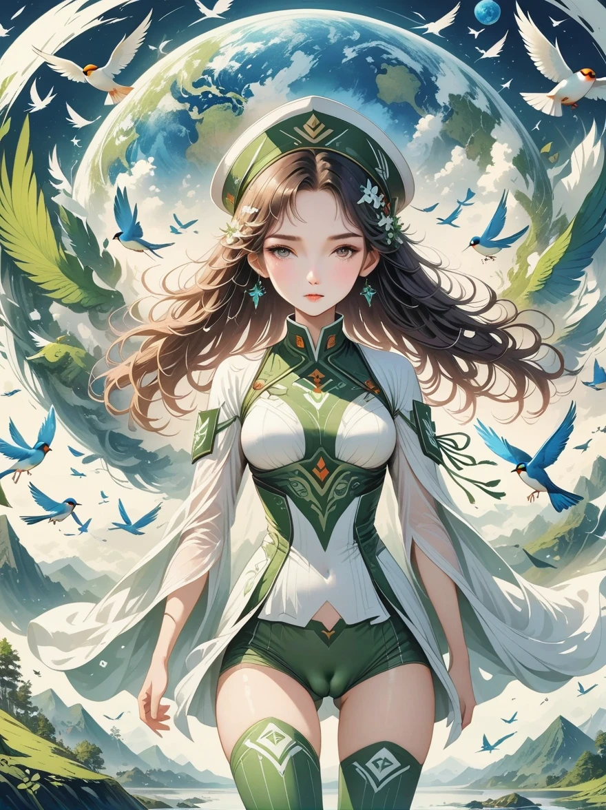 (((high quality work,ultra high resolution,anime style,lifelike))),(A female Earth Federation Army officer is walking around:1.5),(unique:1.5), (Earth Federation Army:1.5),(Wearing a Confederation Hat:1.5),(Cute female image:1.4),(Detailed facial depiction:1.4),(Beautiful hands:1.4),(slender hands:1.2),(wallpaper:1.5),(whole body:1.5),((bird's eye view:1.5)), ((15 years old Japanese girl,Clothes that fit)), (spaceship interior, The universe is outside), (((camel toe)))