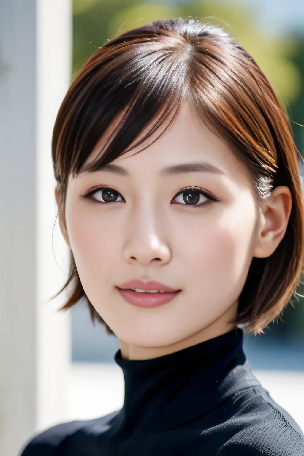 (highest quality,8K,masterpiece,realistic),
very beautiful japanese model,smile,30 years old,sharp face line,
big breasts,short hair,
turtleneck,