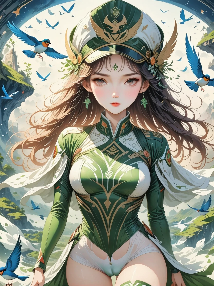 (((high quality work,ultra high resolution,anime style,lifelike))),(A female Earth Federation Army officer is walking around:1.5),(unique:1.5), (Earth Federation Army:1.5),(Wearing a Confederation Hat:1.5),(Cute female image:1.4),(Detailed facial depiction:1.4),(Beautiful hands:1.4),(slender hands:1.2),(wallpaper:1.5),(whole body:1.5),((bird's eye view:1.5)), (( Japanese girl,Clothes that fit)), (spaceship interior, The universe is outside), (((camel toe)))